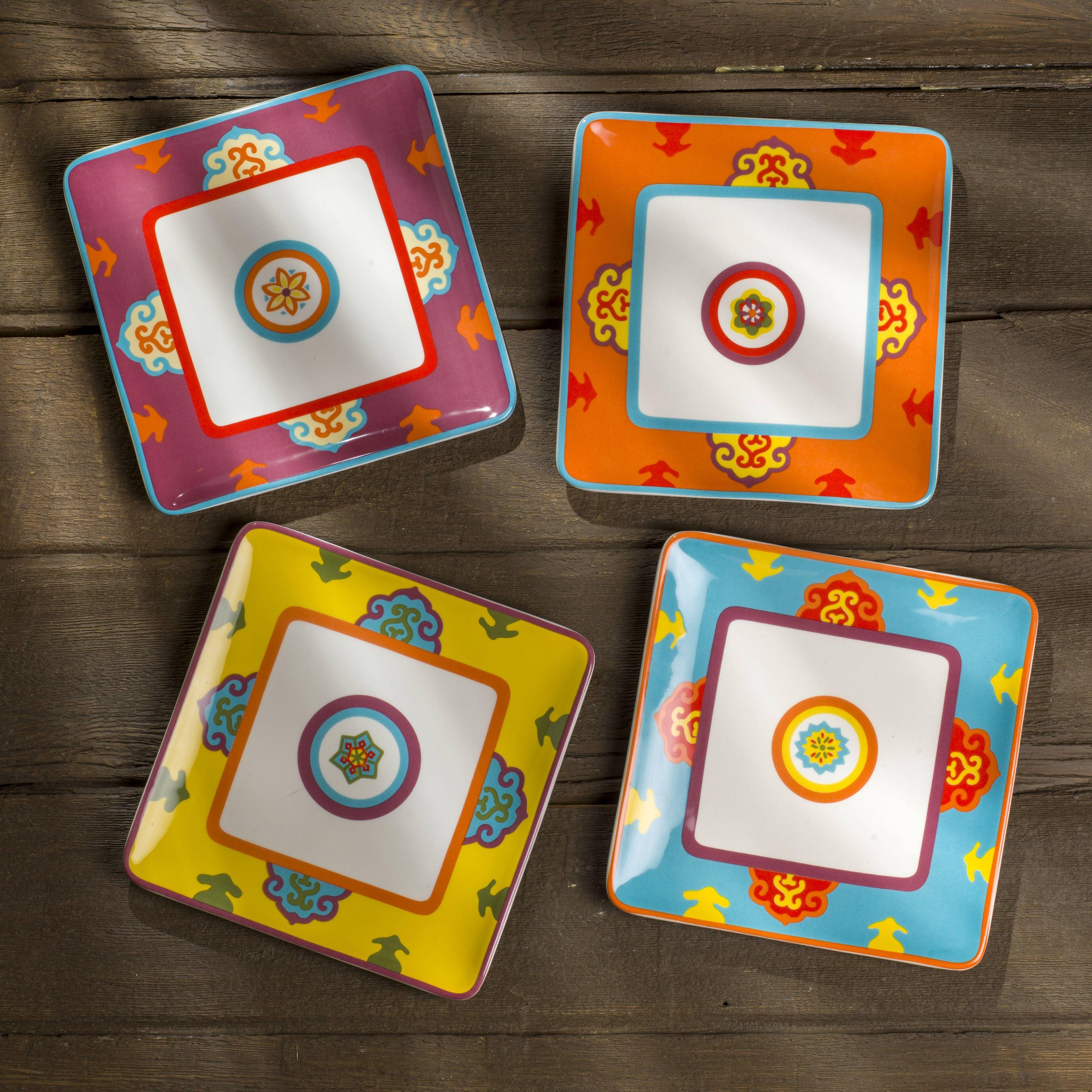 Angle. Euro Ceramica Home - Galicia 8'' Square Salad Plates,Set of 4 - Multicolor.