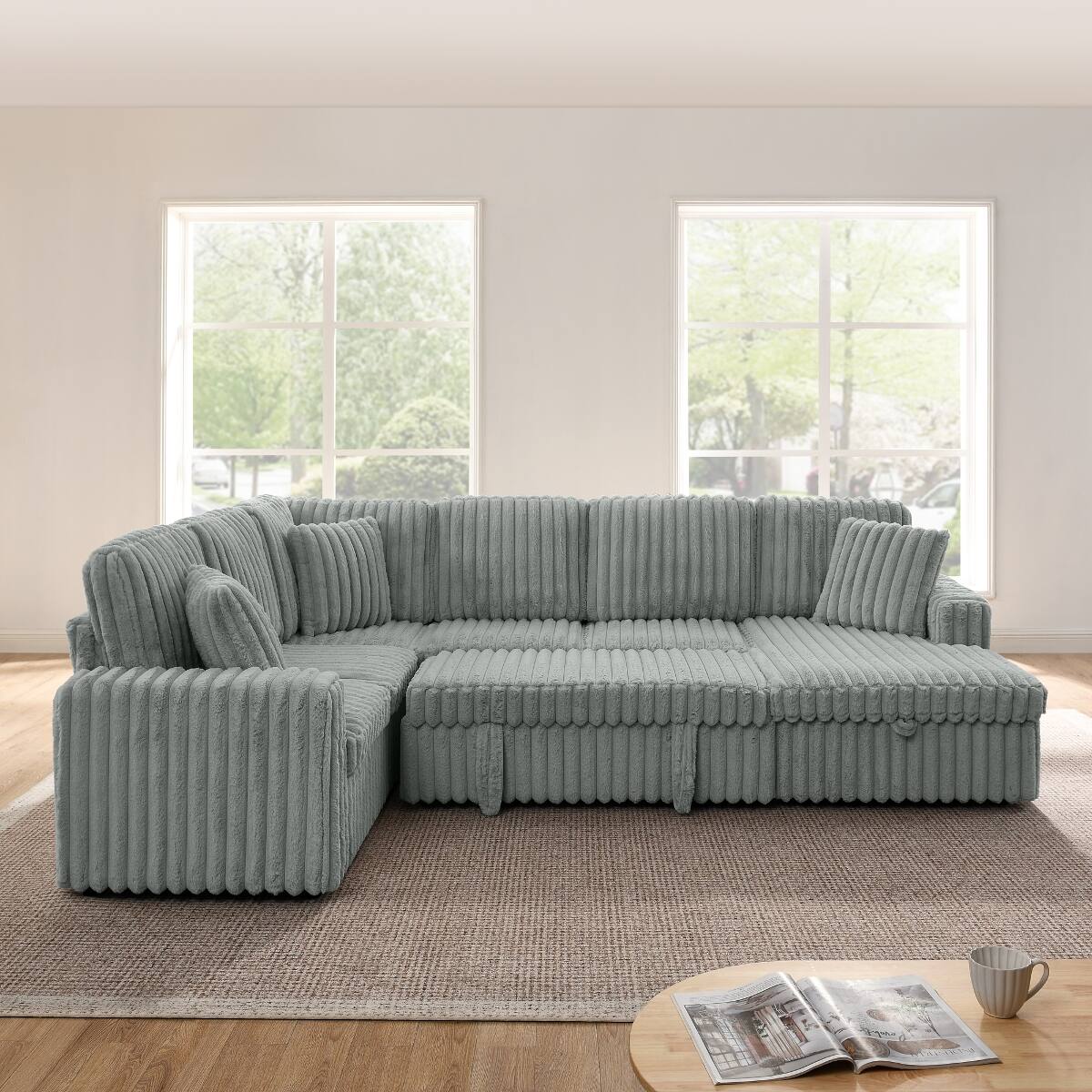 Alt View 4. Ropilly - Ropilly U Shaped Sectional Sofa, Corduroy Upholstered Pull Out Sofa Bed with Storage Chaise, Grey - Grey.