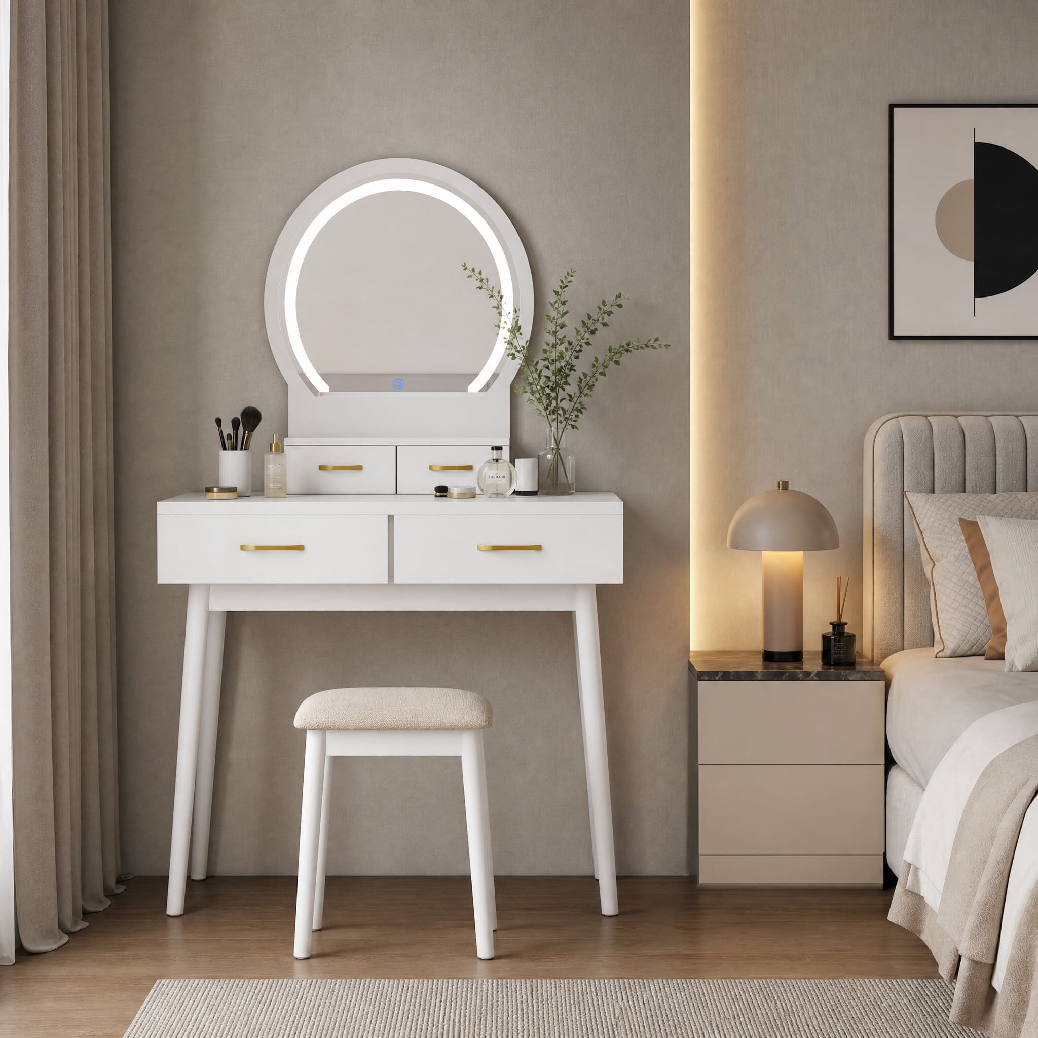 WELLFOR - Small Makeup Dressing Table Vanity Set with 3‑Color LED Lighted Mirror,Solid Wood Legs and Cushioned Stool for Bedroom - White