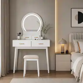 WELLFOR - Small Makeup Dressing Table Vanity Set with 3‑Color LED Lighted Mirror,Solid Wood Legs and Cushioned Stool for Bedroom - White