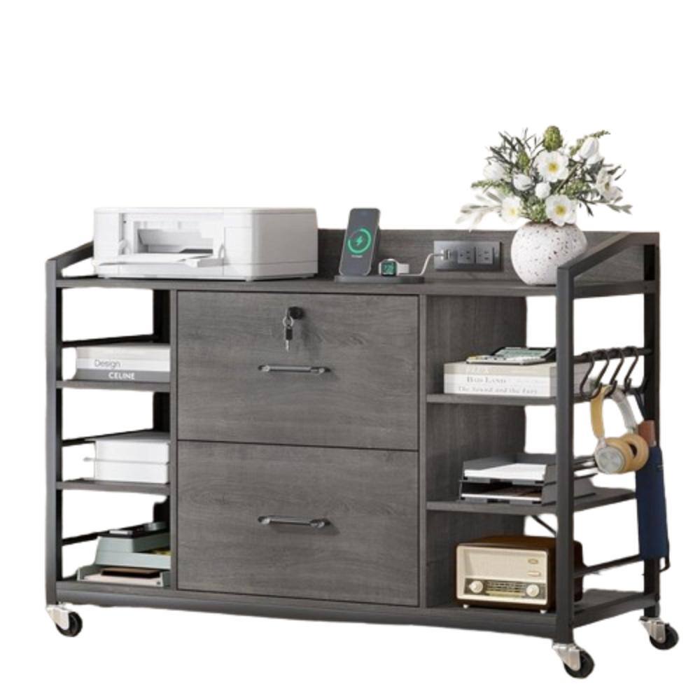 Front. Hivvago - Grey Printer Stand Bookcase Power Station Mobile Office File Cabinet - Grey.