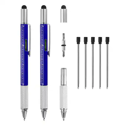 Front. Unique Bargains - 2pcs 6 in 1 Metal Multitool Tech Tool Pen with Ballpoint Pen, Ruler, Screwdriver, Stylus, Level Gauge, Refills - Blue.