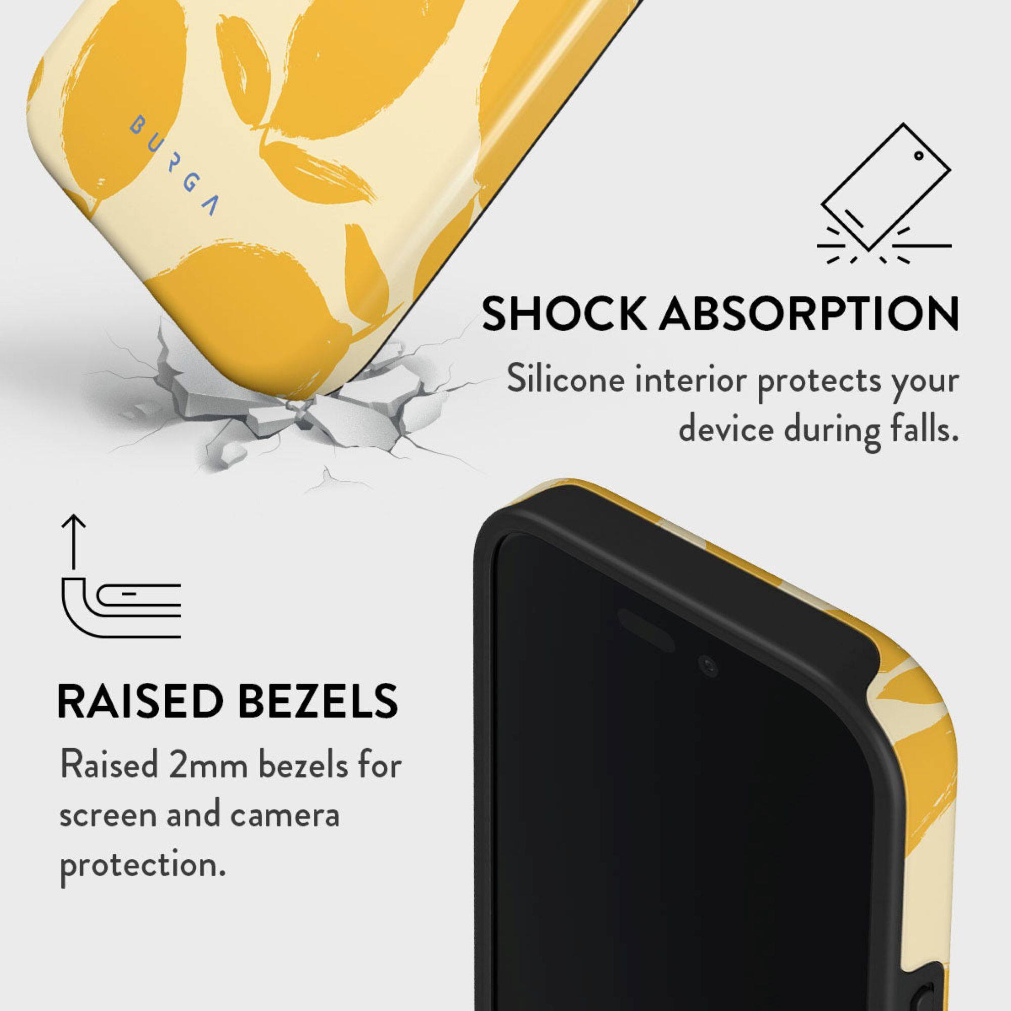 BURGA SHOCK ABSORPTION: Silicone interior protects your device during falls. RAISED BEZELS: Raised 2mm bezels for screen and camera protection.