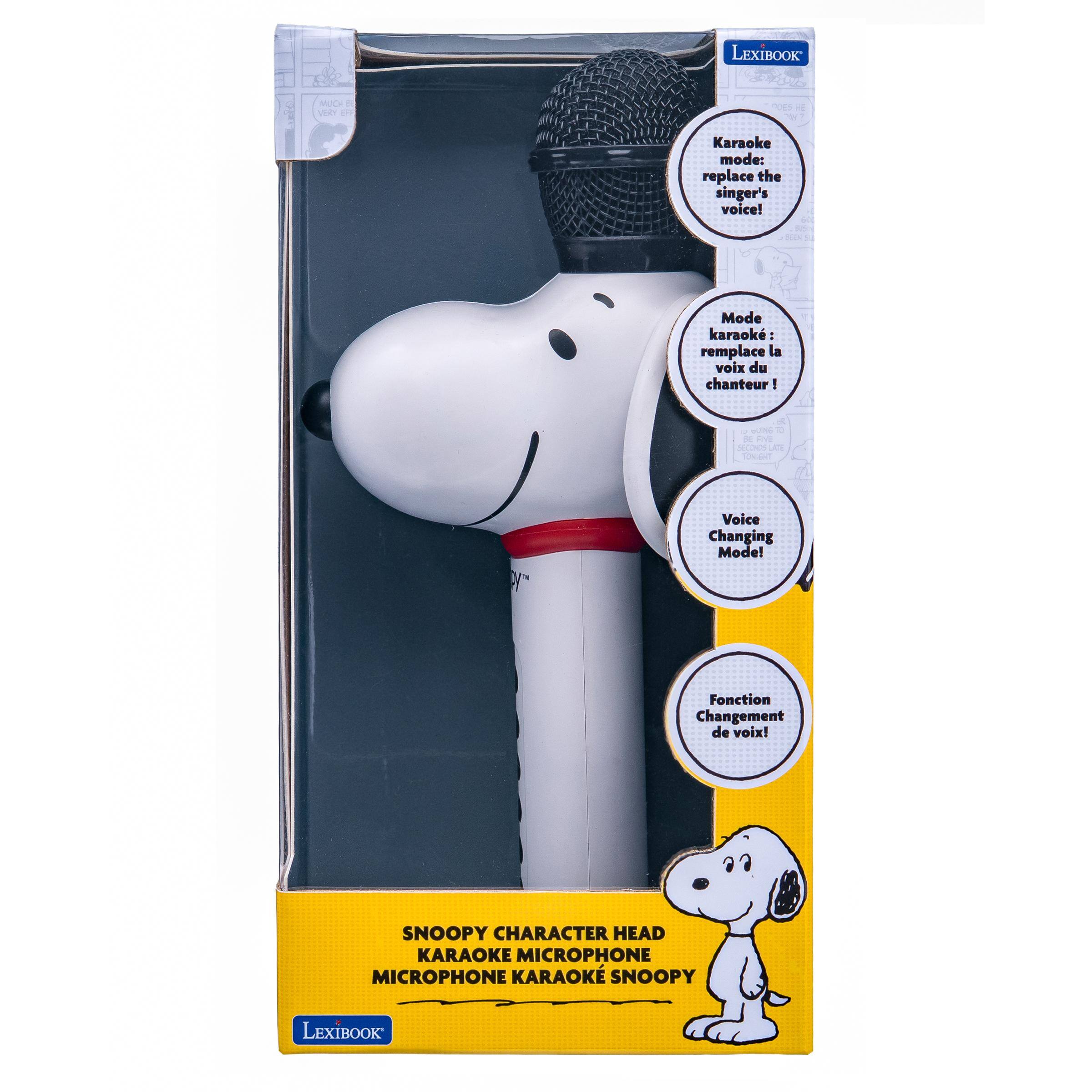 LEXIBOOK

MUCH ERY
DES

Karaoke mode: replace the singer's voice!
Mode karaok: remplace la voix du chanteur!

UNG BE RVB SECONDS TONIGHT
Voice Changing Mode!
Fonction Changement de voix!

SNOOPY CHARACTER HEAD KARAOKE MICROPHONE MICROPHONE KARAOK SNOOPY
LEXIBOOK