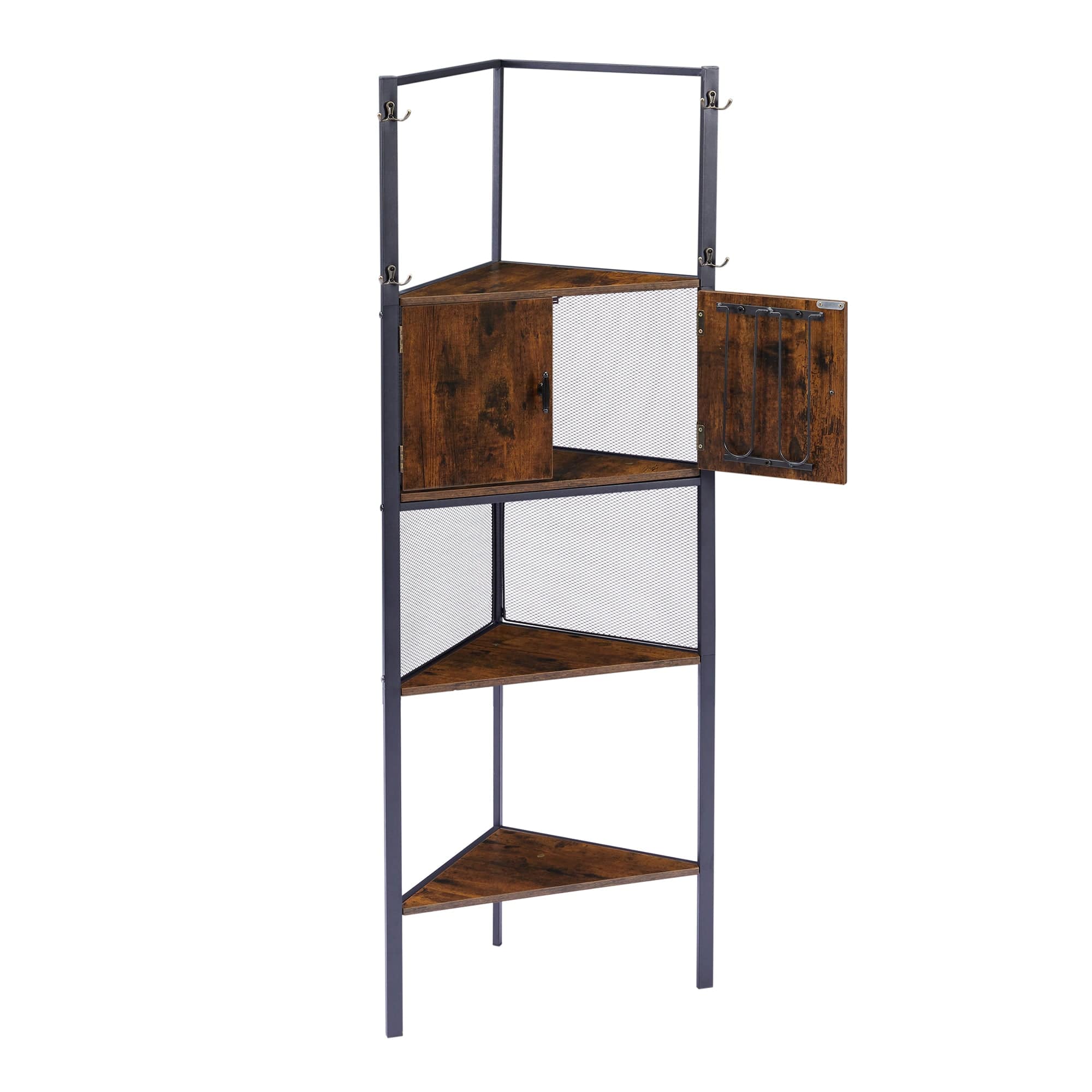 Vecelo - 4-Tier Corner Shelf, Rustic Industrial Corner Bookshelf with Metal Frame for Living Room & Small Spaces - Brown