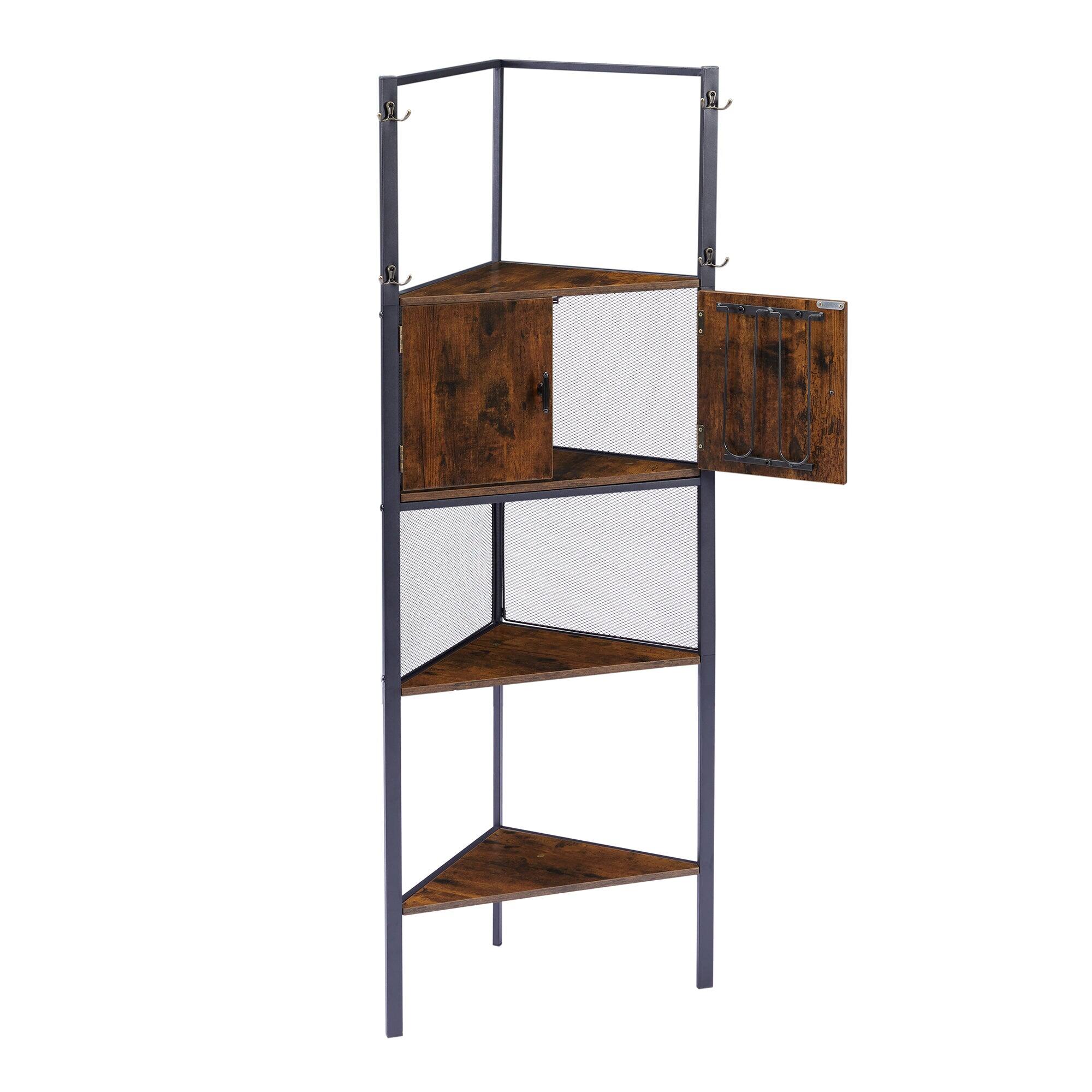 Front. Vecelo - 4-Tier Corner Shelf, Rustic Industrial Corner Bookshelf with Metal Frame for Living Room & Small Spaces - Brown.