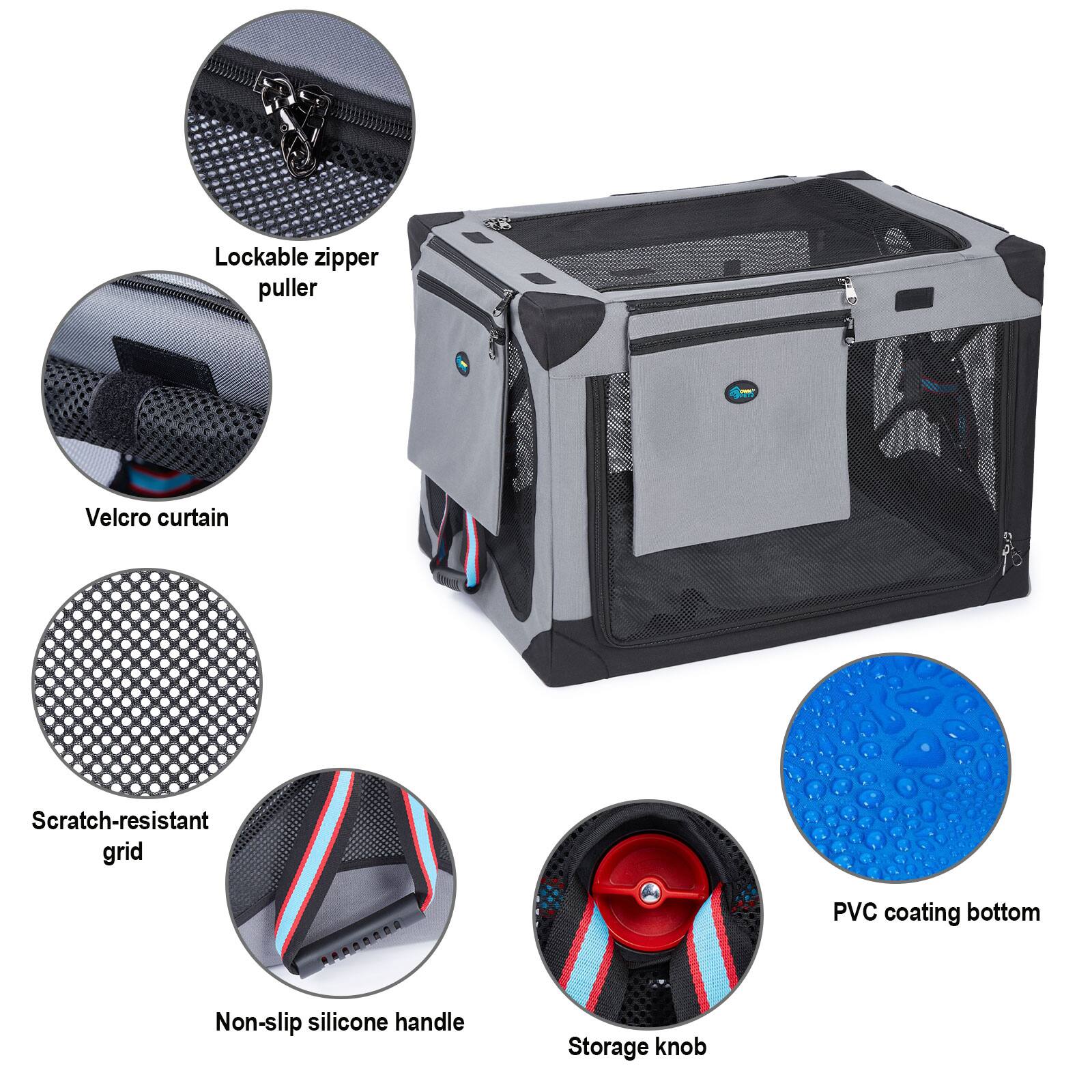 Here is the corrected and grouped text:

- Lockable zipper puller
- Velcro curtain
- Scratch-resistant grid
- Non-slip silicone handle
- Storage knob
- PVC coating bottom