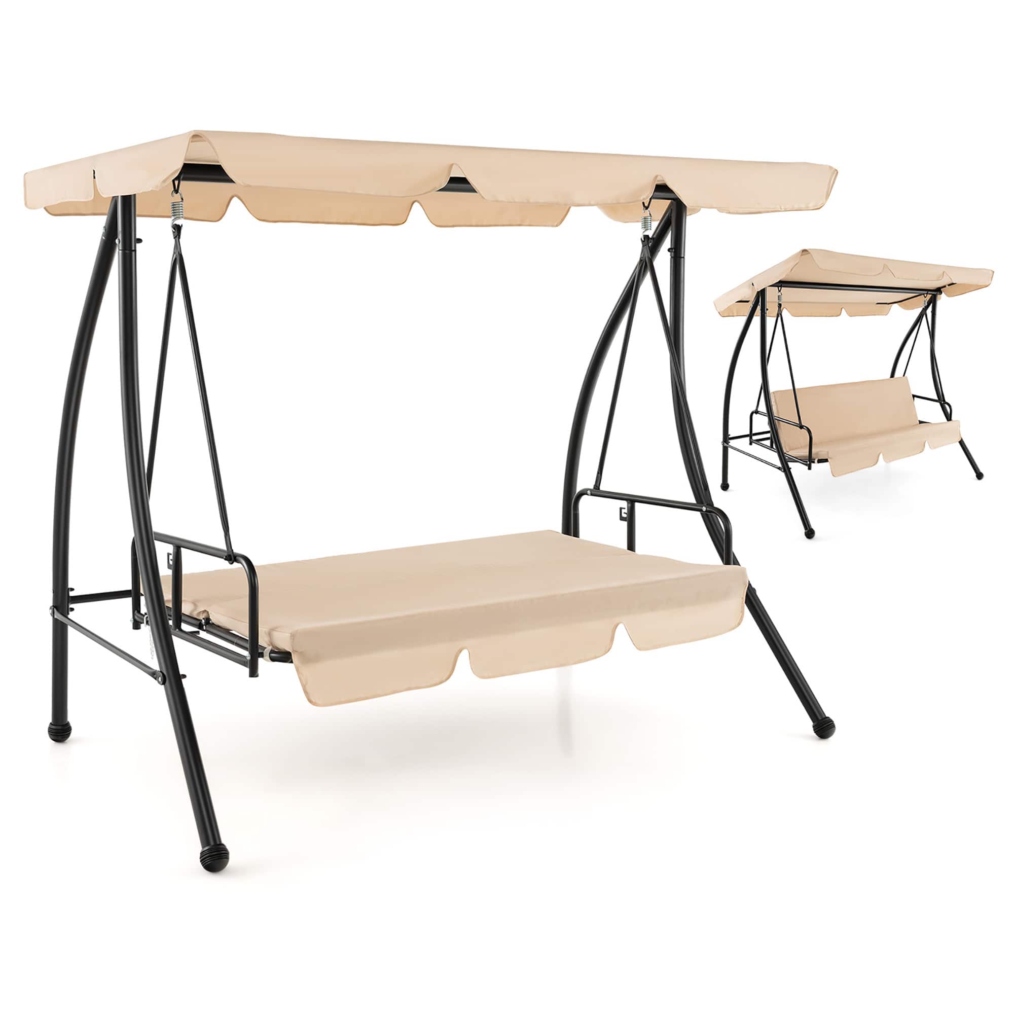 Front. Gymax - Gymax Outdoor Swing Chair Glider Patio Hammock Converting Flatbed w/ Adjustable Canopy - Beige.