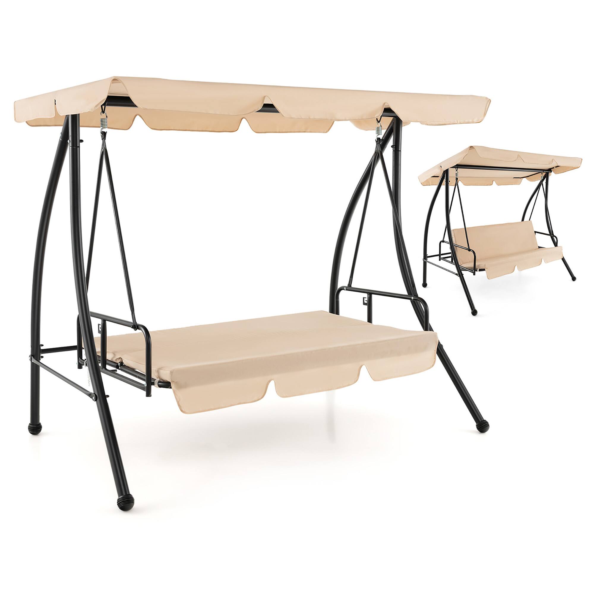 Gymax - Outdoor Swing Chair Glider Patio Hammock Converting Flatbed w/ Adjustable Canopy - Beige