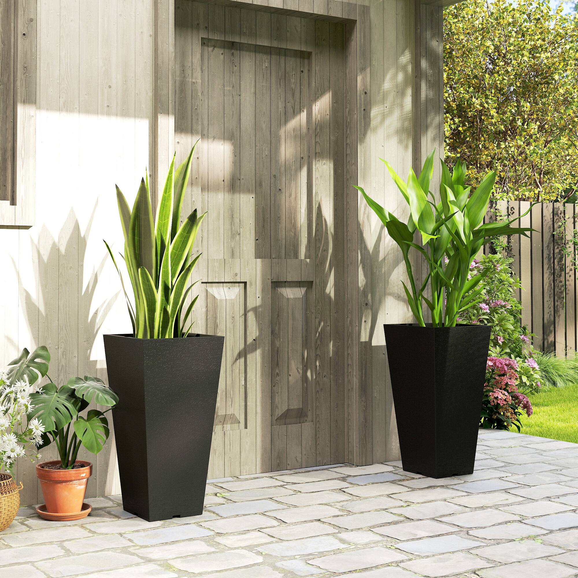 Alt View 1. Outsunny - Inch Tall Planters for Outdoor Plants, Set of 2 Plastic Flower Pots - Black.