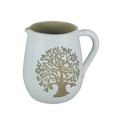 Front. Things2Die4 - White Ceramic Vintage Finish Family Tree Design Decorative Pitcher - White.