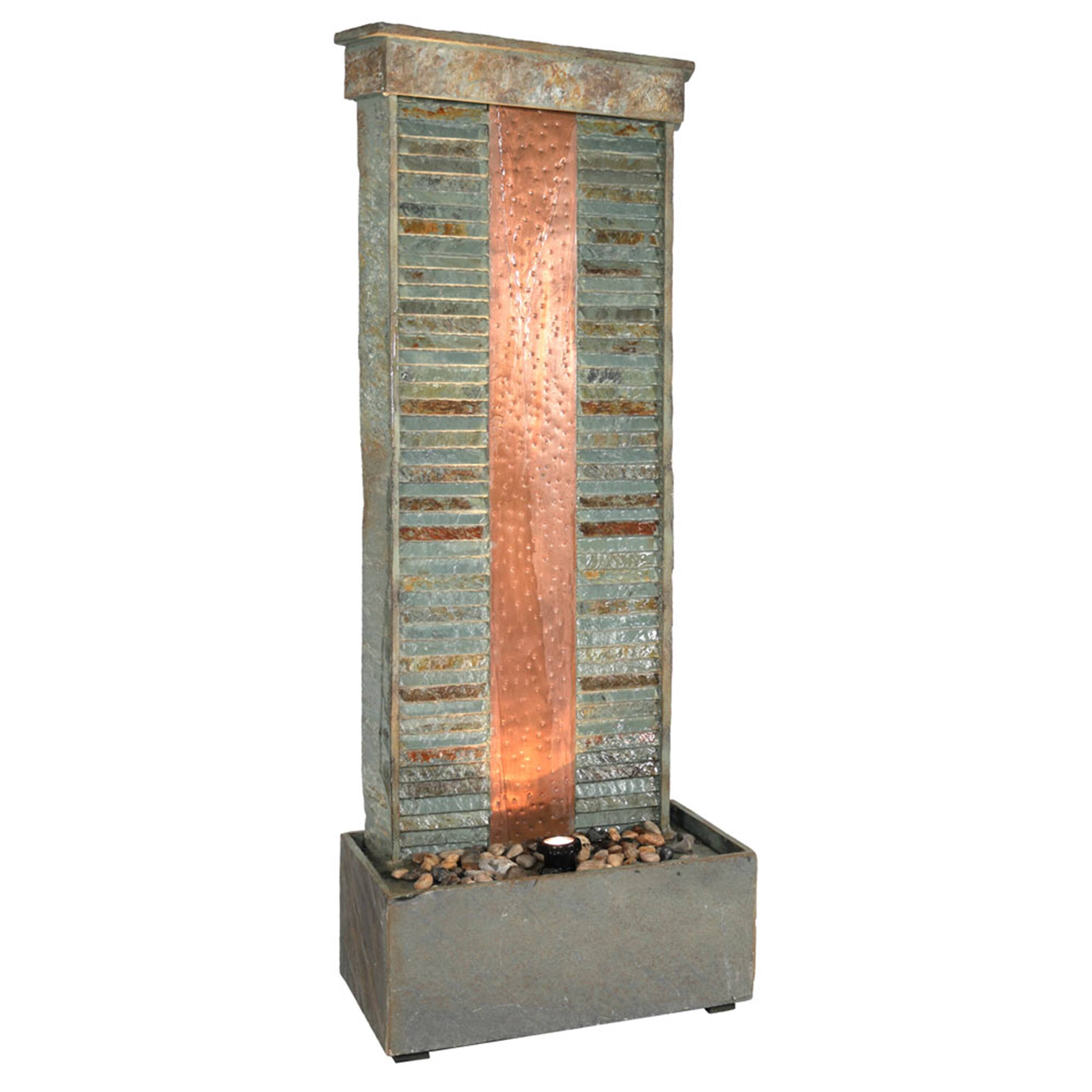 Front. Sunnydaze - Rippled Slate Indoor Water Fountain with LED Light - 48 in - Grey.