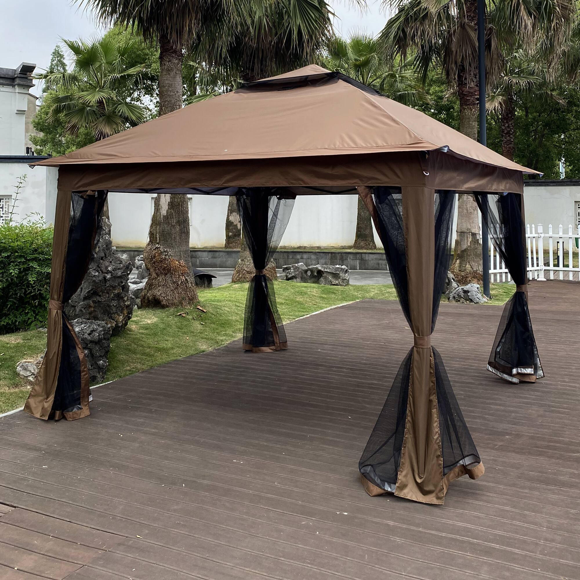 Alt View 5. Ecooso - 11x 11Ft Pop Up Gazebo Canopy With Removable Zipper Netting,2-Tier Soft Top Event Tent, 4 Sandbags，Patio，Backyard - Brown.
