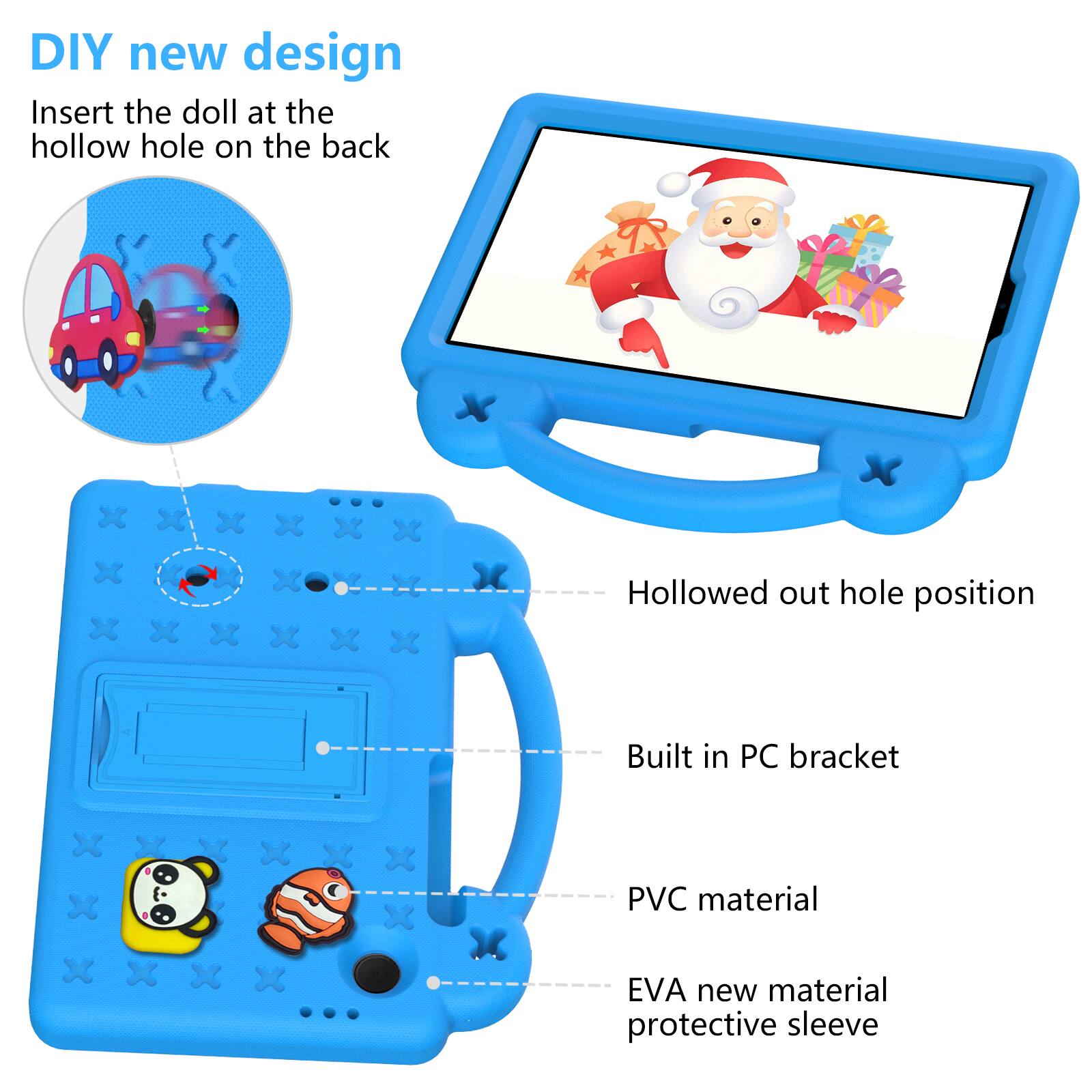 DIY new design  
Insert the doll at the hollow hole on the back  

- Hollowed out hole position  
- Built in PC bracket  
- PVC material  
- EVA new material protective sleeve