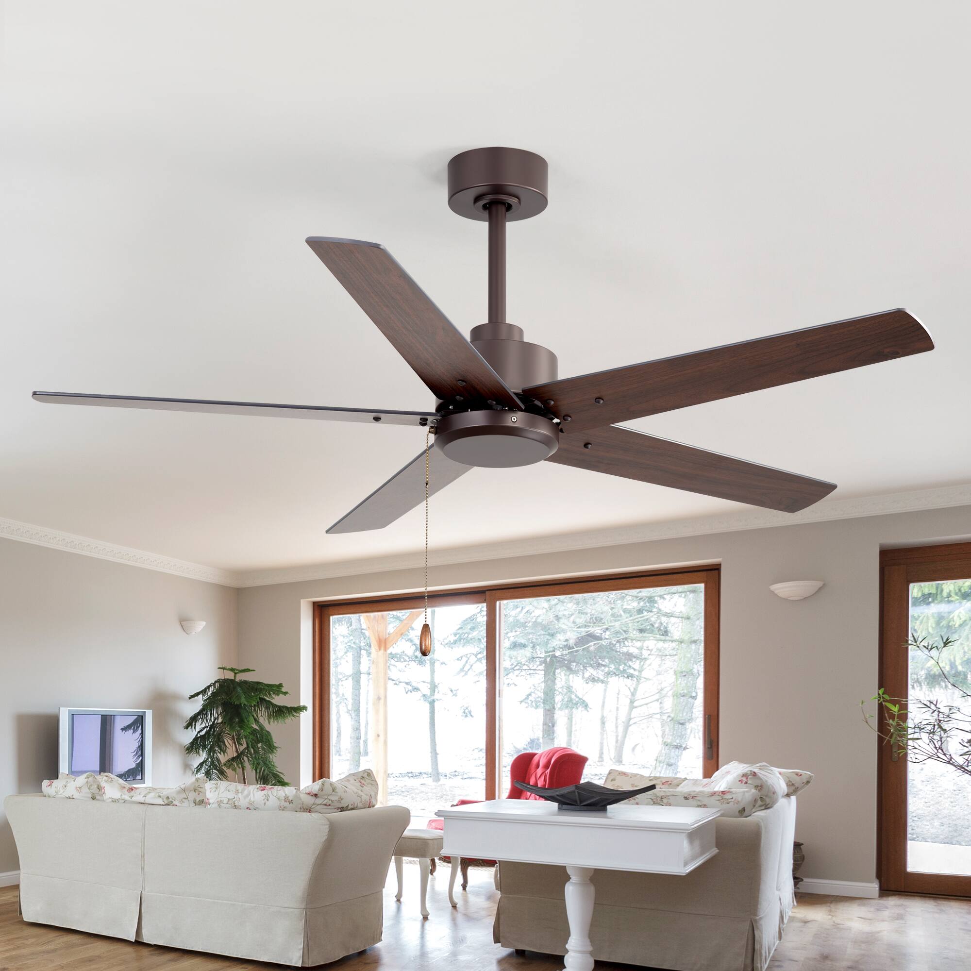 Angle. Breezary - 52-Inch Indoor Ceiling Fan, No-Light, 5 Reversible Plywood Blades, 3-Speed AC Motor, 5/10'' Downrods, Pull Chain Control - Oil-rubbed Bronze.