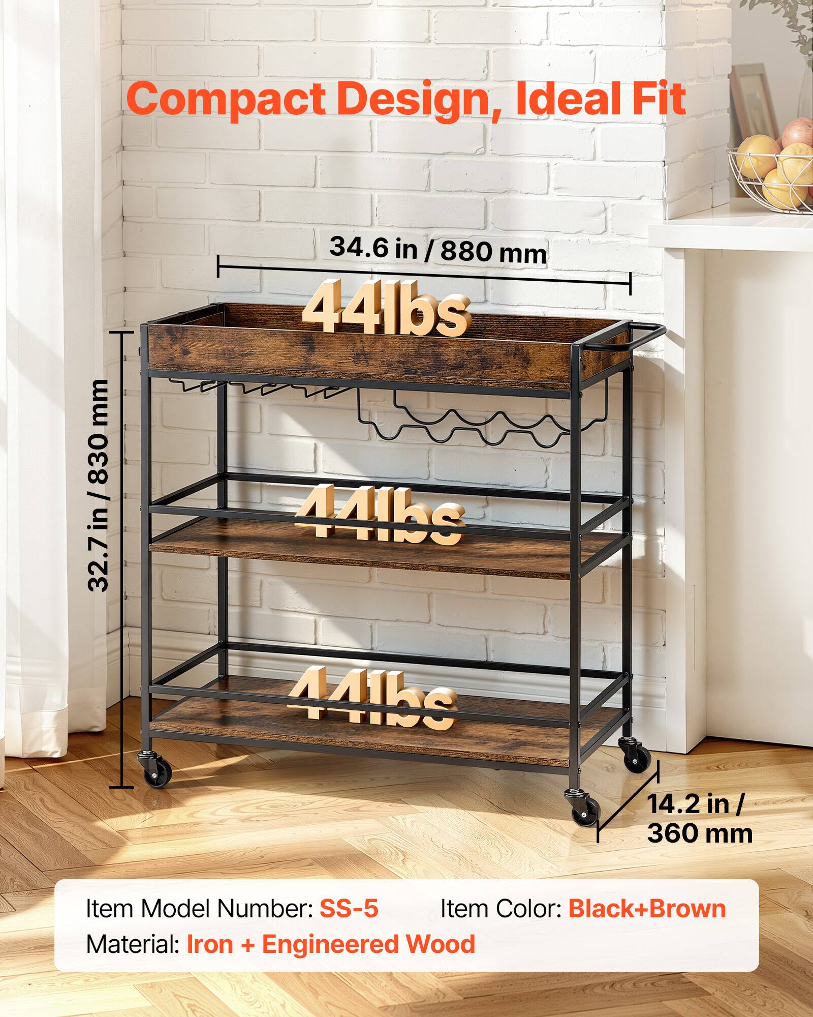 Compact Design, Ideal Fit

- 32.7 in / 830 mm
- 34.6 in / 880 mm
- 14.2 in / 360 mm

44 lbs

Item Model Number: SS-5

Item Color: Black+Brown

Material: Iron + Engineered Wood