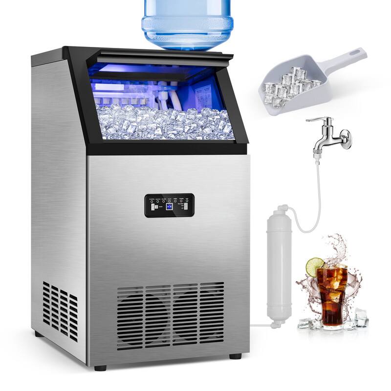 Front. HOOURE - 13.8in.Commercial Ice Maker 100 lb./24 H Stainless Steel Freestanding Ice Maker Machine with Full Cube Production - Stainless steel.
