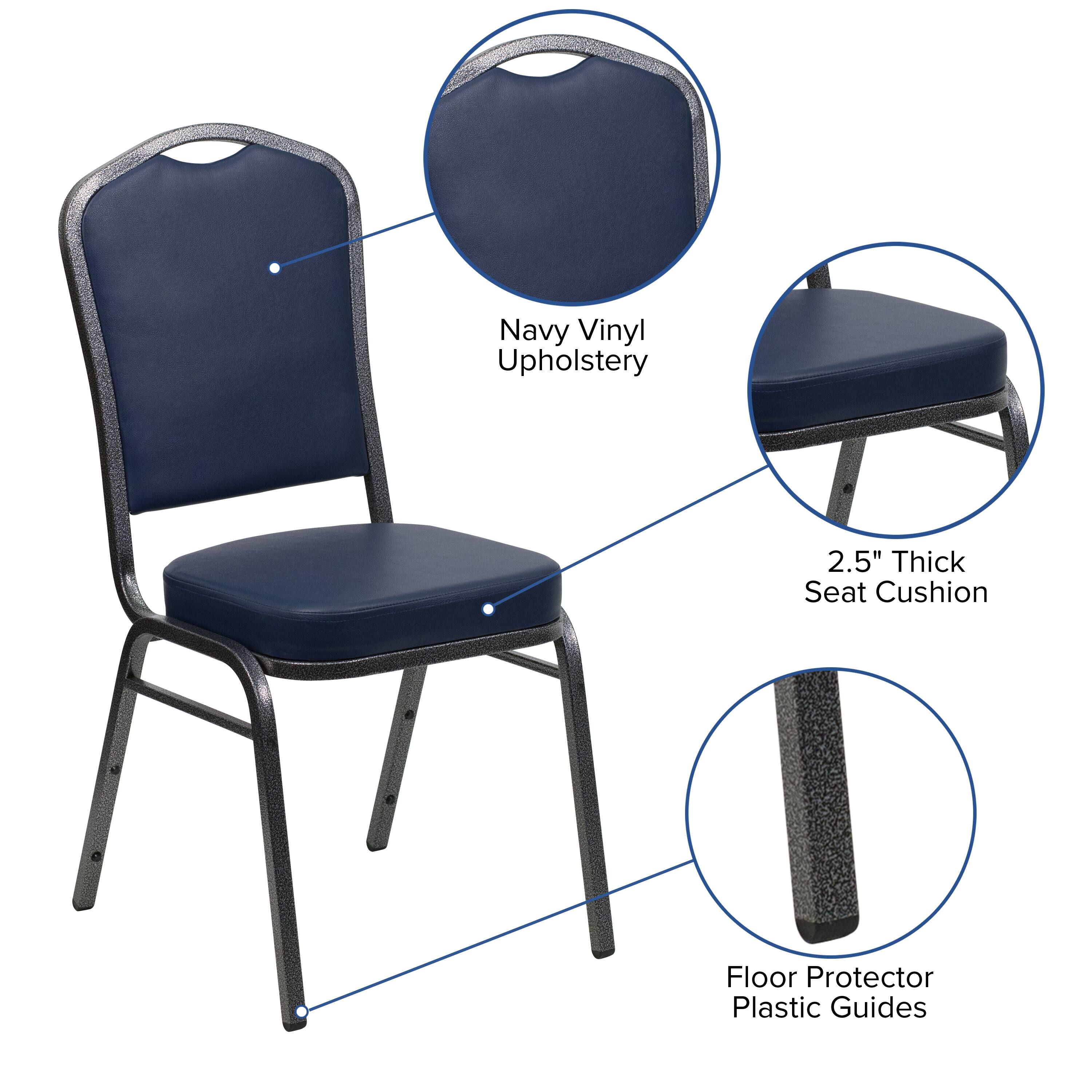 Navy Vinyl Upholstery  
2.5" Thick Seat Cushion  
Floor Protector Plastic Guides