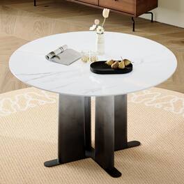 Loheer - Loheer- 3.94ft Round Faux Marble Dining Table Modern Compact Kitchen Table with Cross Base for Small Spaces - White