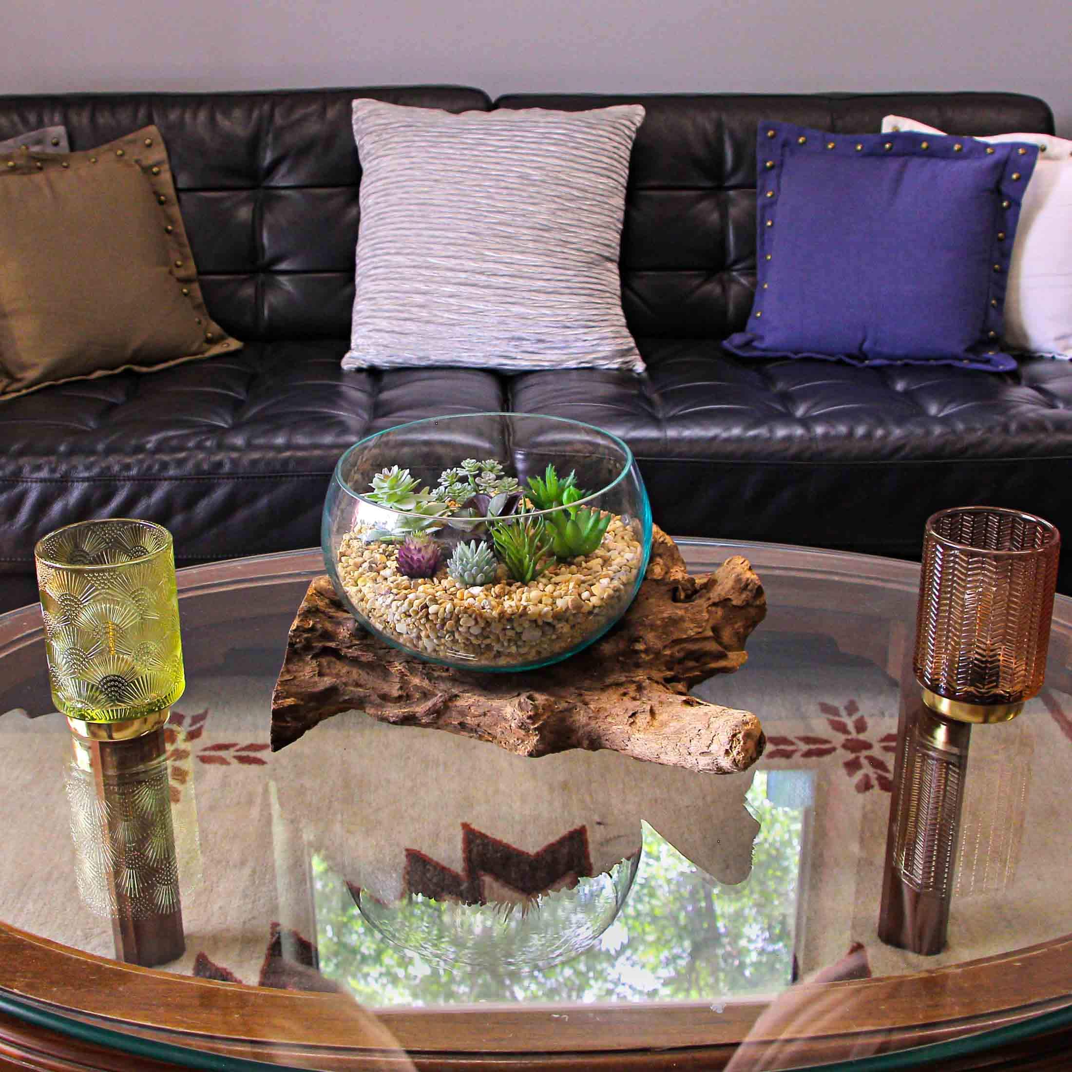 Alt View 3. Things2Die4 - Melted Glass Bowl on Teak Driftwood Base, 8–9" Terrarium Centerpiece Decor - Brown.