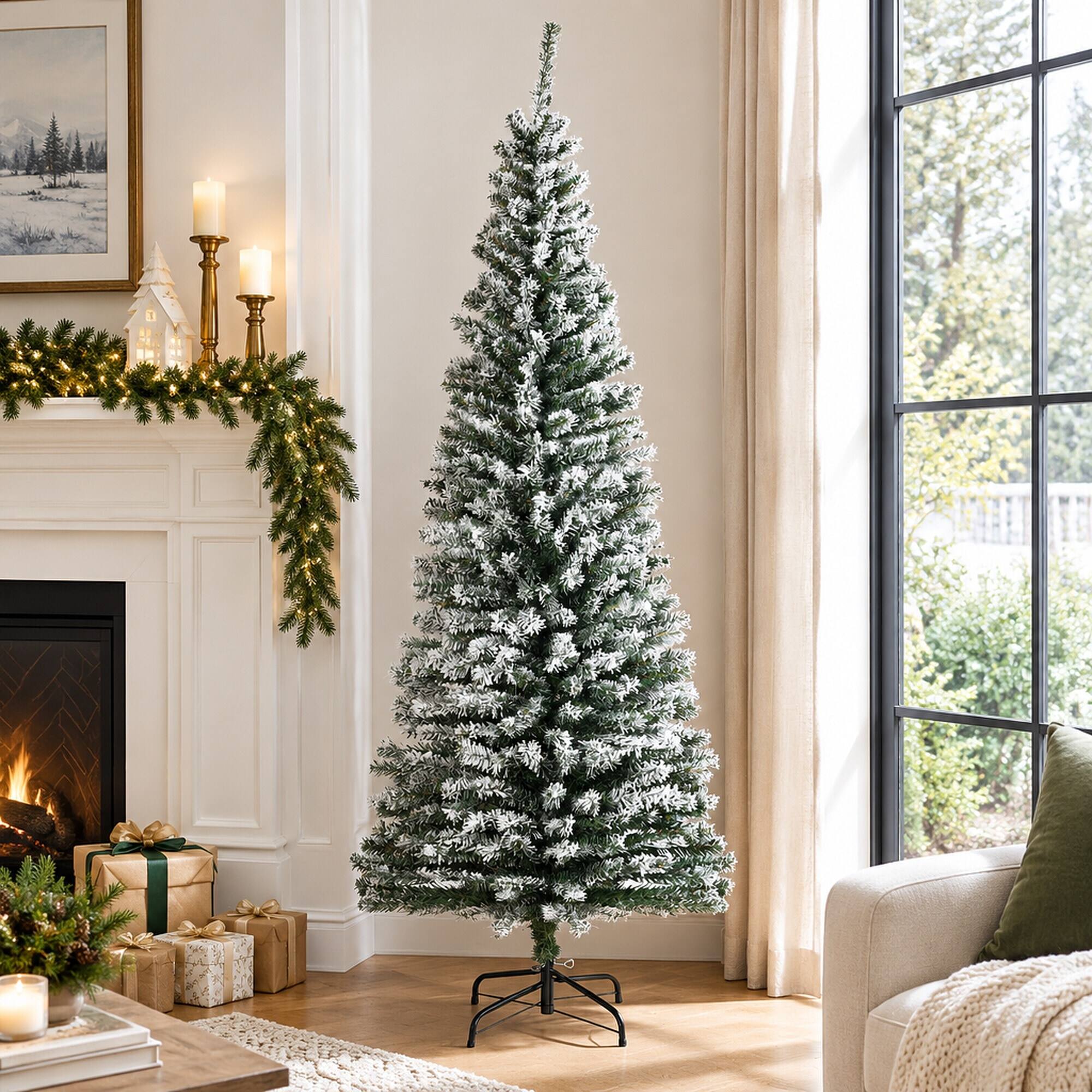 Back. RYHNUYNE - 6 Ft Unlit Snow Flocked Slim Artificial Christmas Tree With 492 Tips, Metal Stand Realistic Branches Holiday Decor - Green.