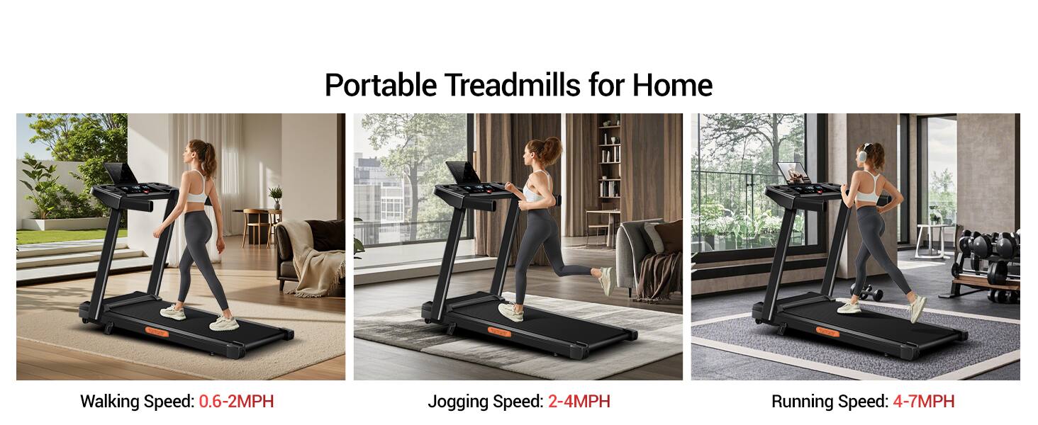 Portable Treadmills for Home

Walking Speed: 0.6-2MPH

Jogging Speed: 2-4MPH

Running Speed: 4-7MPH