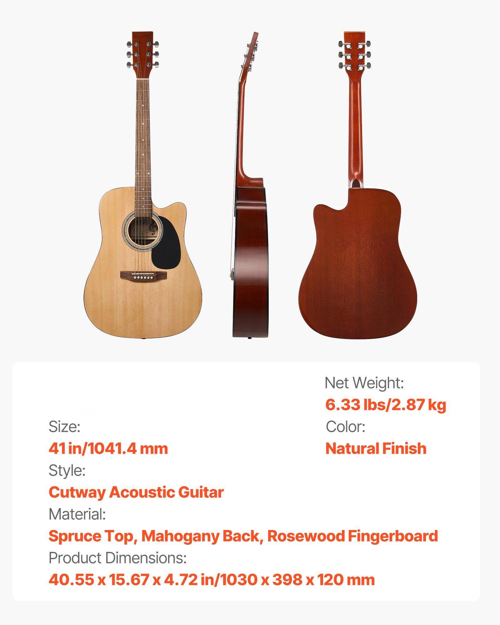 Net Weight: 6.33 lbs/2.87 kg  
Size: 41 in/1041.4 mm  
Color: Natural Finish  
Style: Cutway Acoustic Guitar  
Material: Spruce Top, Mahogany Back, Rosewood Fingerboard  
Product Dimensions: 40.55 x 15.67 x 4.72 in/1030 x 398 x 120 mm