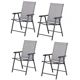 Outsunny - Set of 4 Patio Folding Chairs, Stackable Outdoor Sling Patio Dining Chairs with Armrests for Lawn, Camping, Dining - Dark Gray
