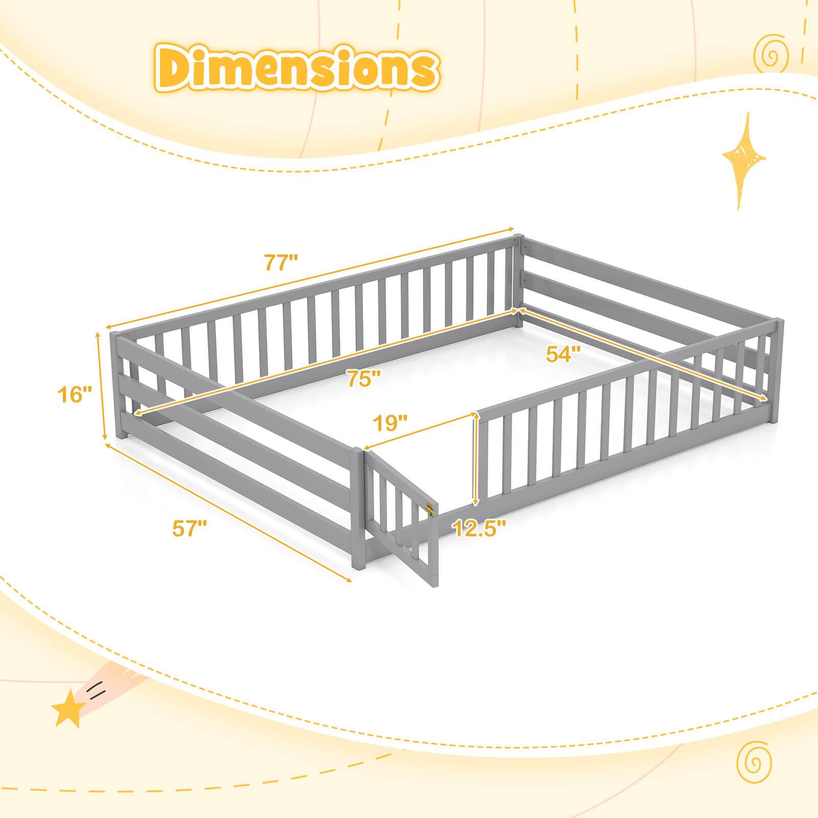 Dimensions:  
- Length: 77"  
- Width: 54"  
- Height: 16"  
- Depth: 57"  
- Side Rail Height: 19"  
- Bottom Rail Height: 12.5"