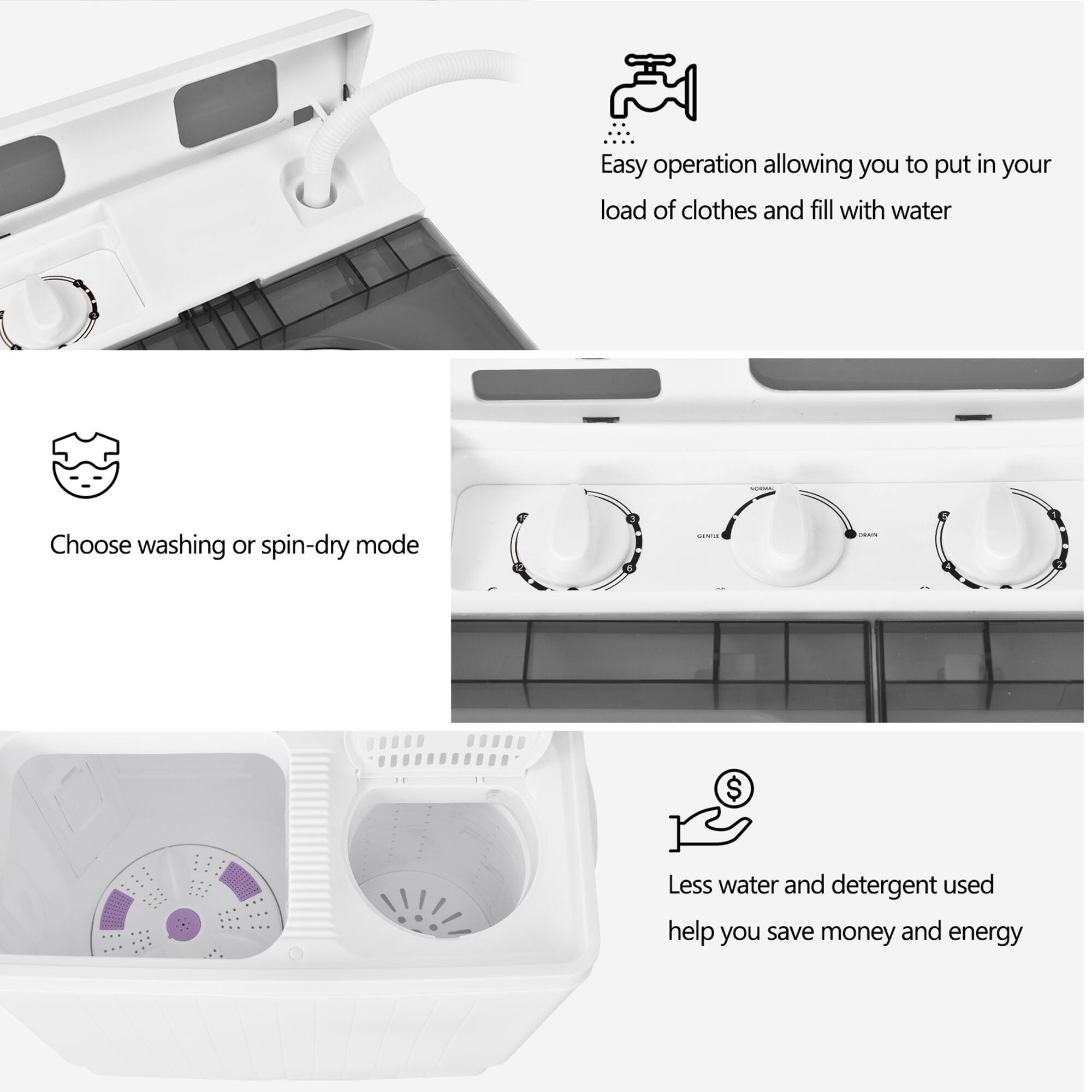 Easy operation allowing you to put in your load of clothes and fill with water.

Choose washing or spin-dry mode.

Less water and detergent used help you save money and energy.