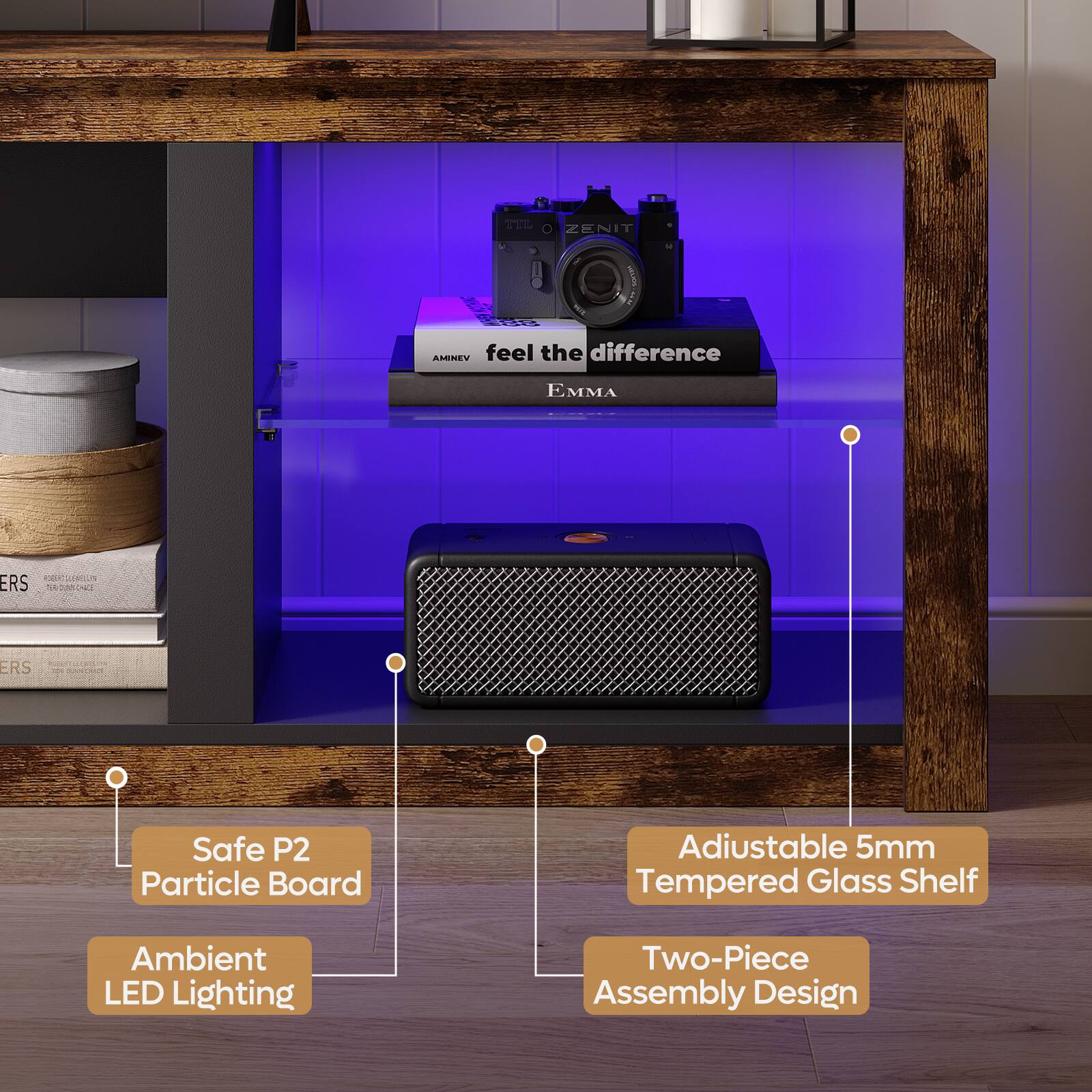 H ZENIT - 3 - AMINE feel the difference EMMA ERS a JAMLL De O ERS S - Safe P2 Particle Board Adjustable 5mm Tempered Glass Shelf Ambient LED Lighting Two-Piece Assembly Design