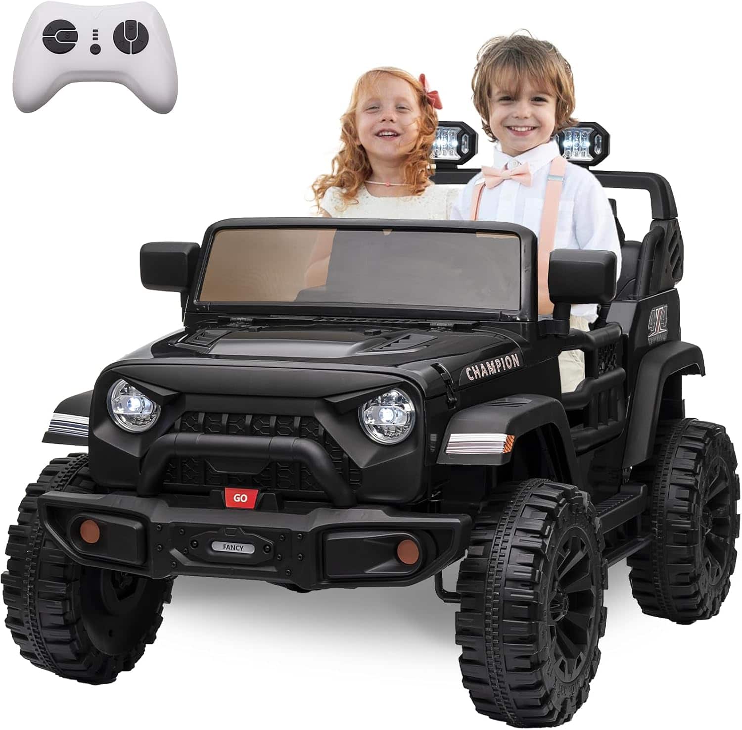 Homhougo - 24V Kids Ride On Jeep, 2-Seater Electric Car w/ Remote, LED Lights, Black