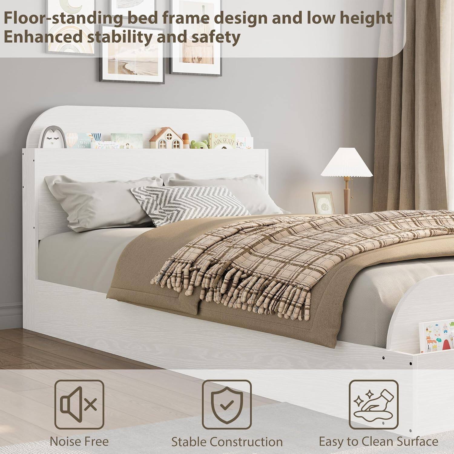 Floor-standing bed frame design and low height  
Enhanced stability and safety  

Noise Free  
Stable Construction  
Easy to Clean Surface