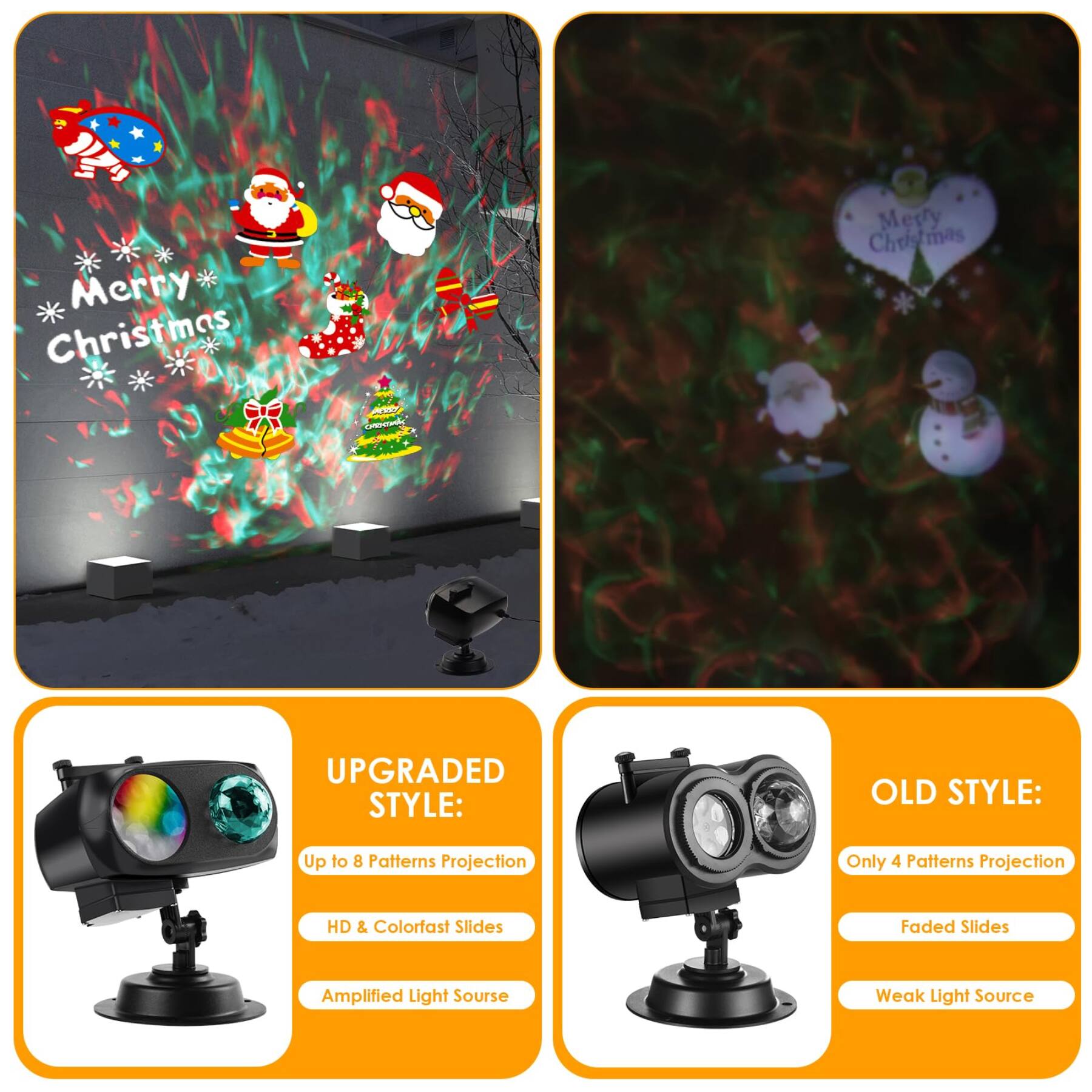 Merry Christmas

GRISPARK

Medy Christmas

UPGRADED STYLE:
- Up to 8 Patterns Projection
- HD & Colorfast Slides
- Amplified Light Source

OLD STYLE:
- Only 4 Patterns Projection
- Faded Slides
- Weak Light Source