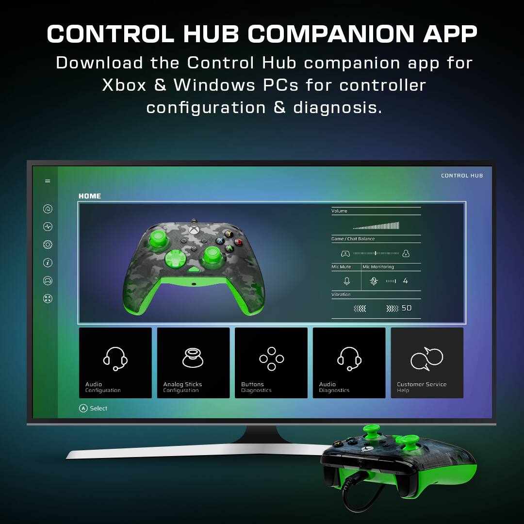 Control Hub Companion App: Download the Control Hub companion app for Xbox & Windows PCs for controller configuration & diagnosis. Control Hub Home Volume E X Game! hat talance i ML Mun Mr Meninoring ViNMEn 50 Audio Configuration Analog Sticks Configuration Buttons Diagnostics Audio Diagnostics Customer Service Help Select.