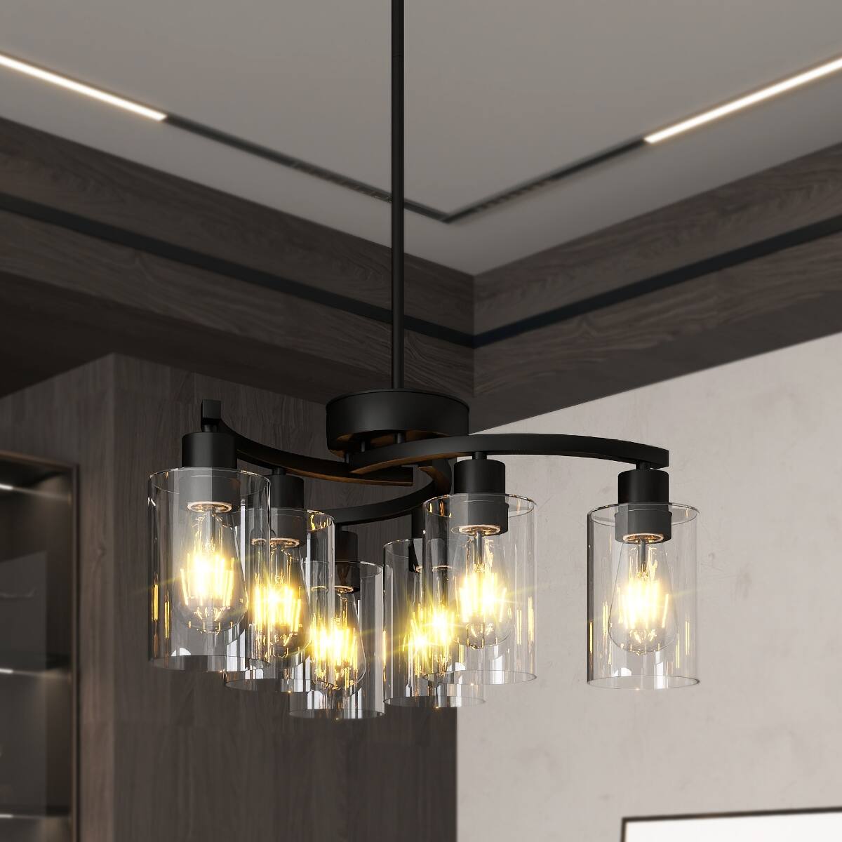 Alt View 2. Loheer - Loheer 6-Light Black Chandelier with Clear Glass Shades, Adjustable Dining Room Light Fixture.