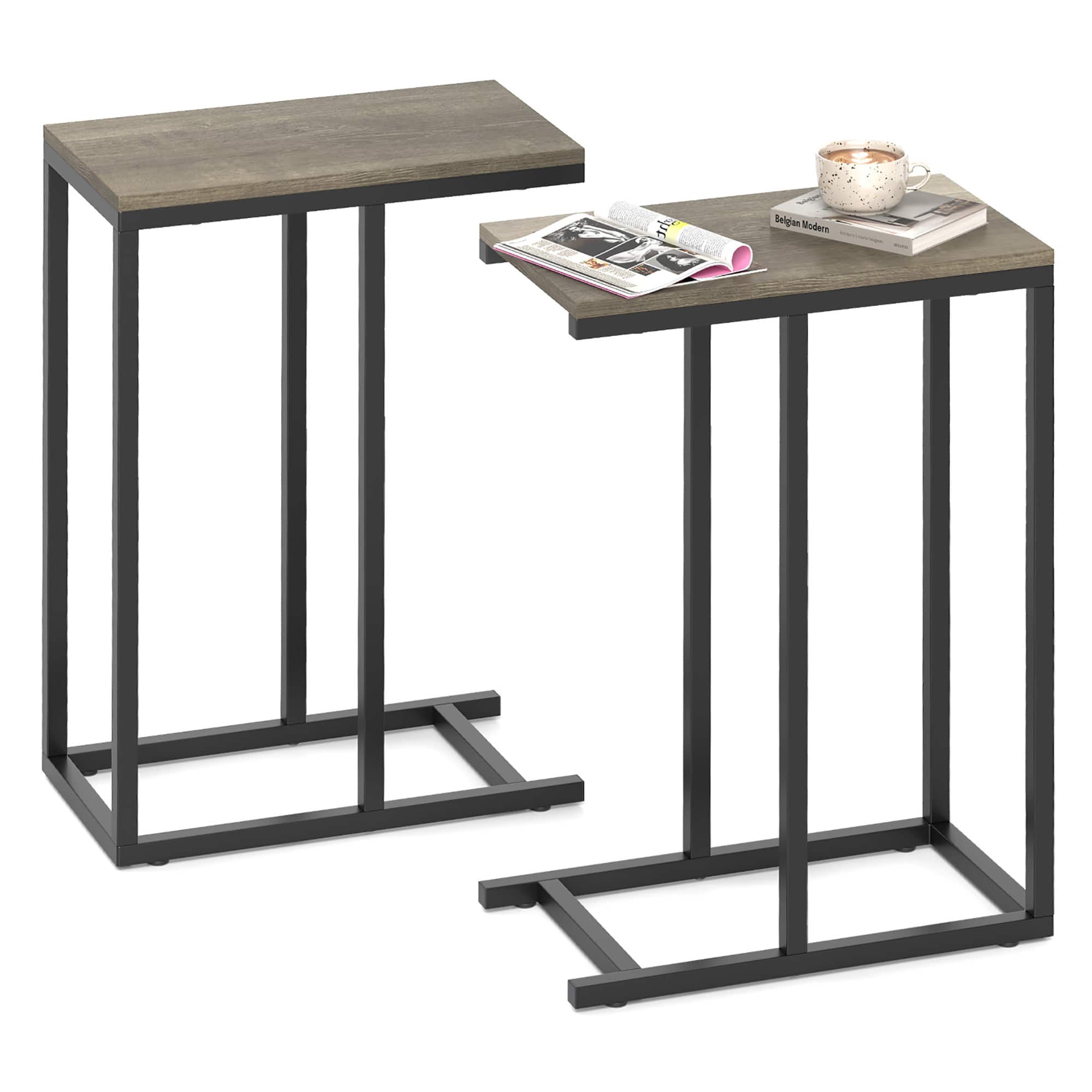 Gymax - C-shaped End Table Modern Sofa Side Table w/ Adjustable Foot Pads Rustic Gray & Black - Gray, Black