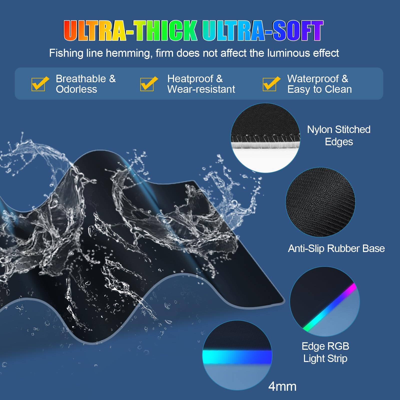 ULTRA-THICK ULTRA-SOFT  
Fishing line hemming, firm does not affect the luminous effect

- Breathable & Odorless
- Heatproof & Wear-resistant
- Waterproof & Easy to Clean

Nylon Stitched Edges  
Anti-Slip Rubber Base  
Edge RGB Light Strip

4mm