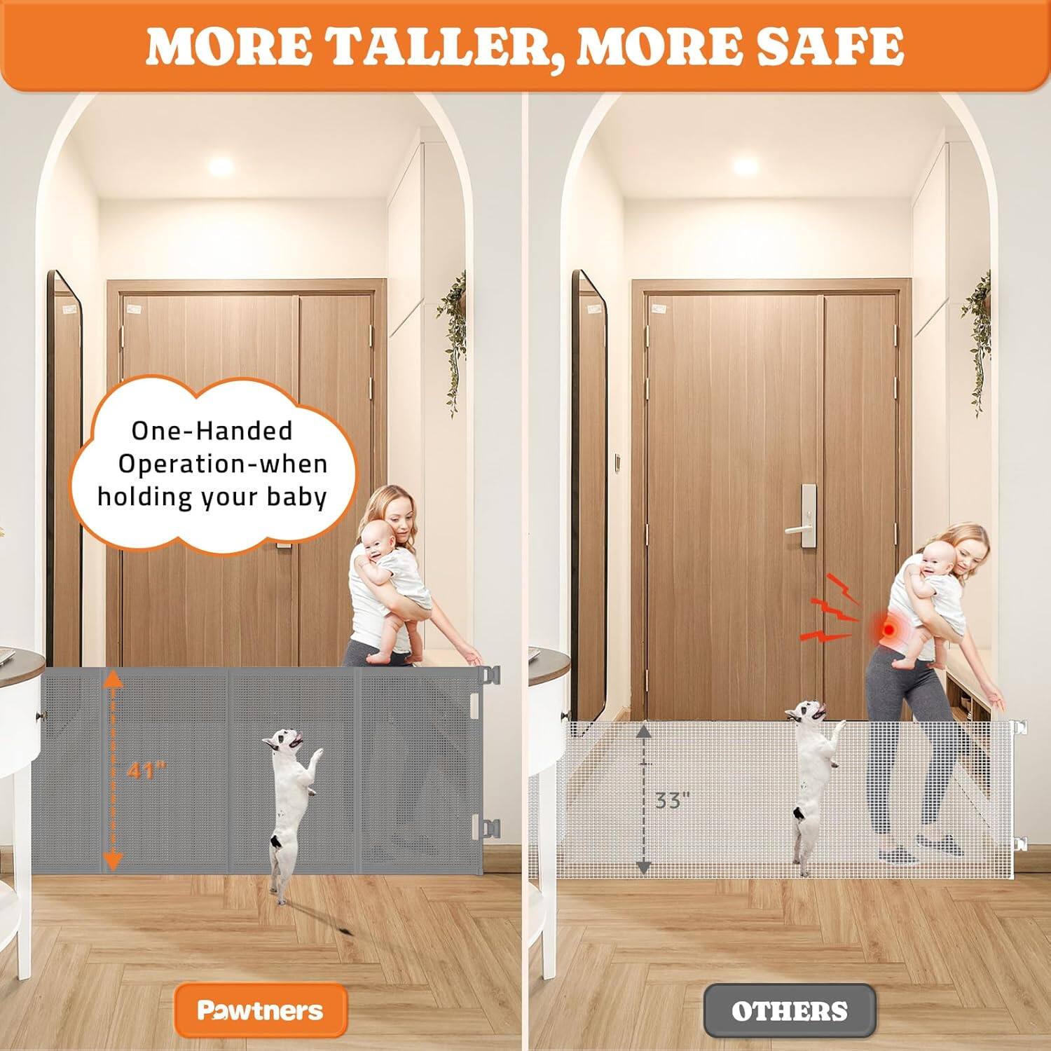 MORE TALLER, MORE SAFE

One-Handed Operation-when holding your baby

41"

Pawtners

33"

OTHERS