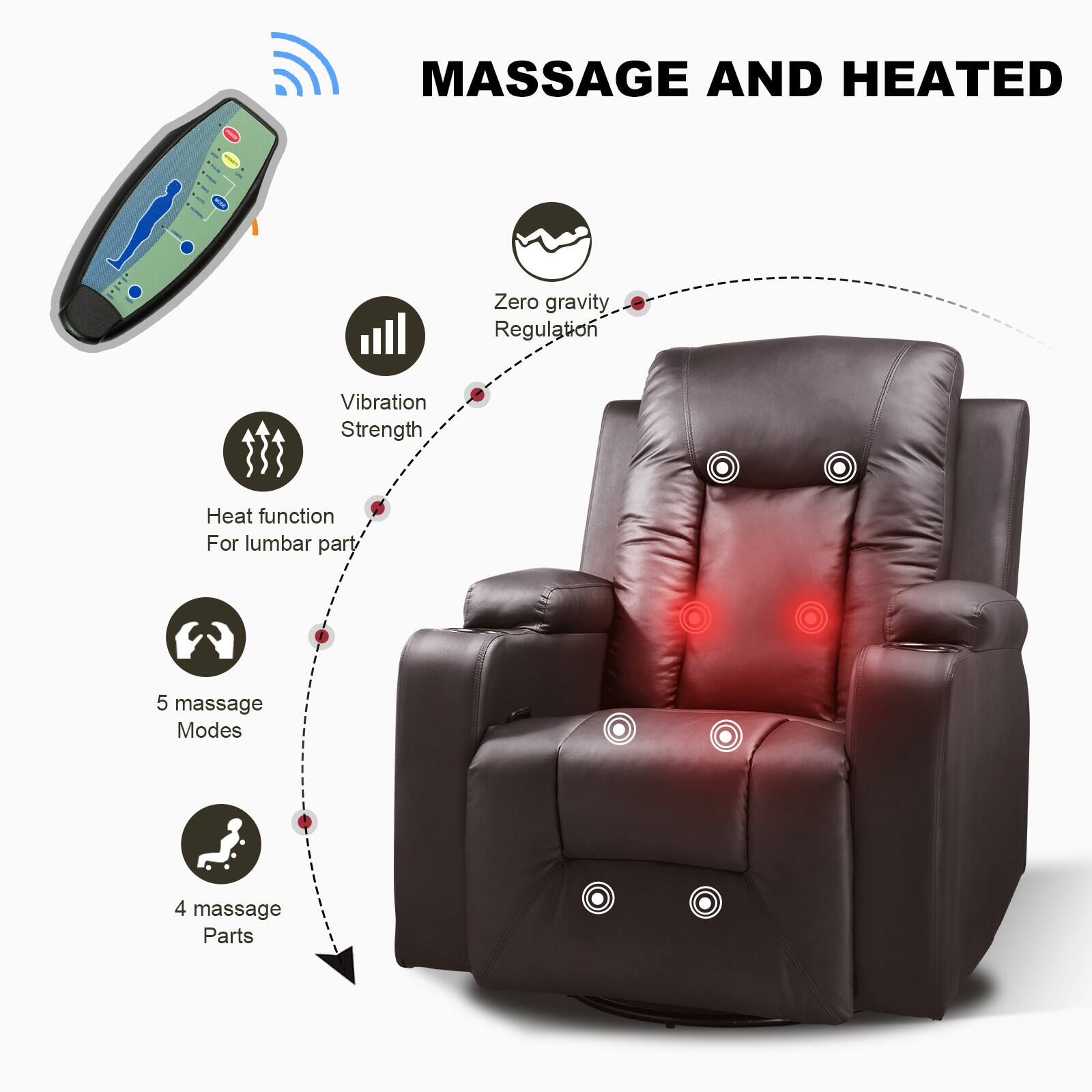 MASSAGE AND HEATED
Zero gravity Regulation
Vibration Strength
Heat function For lumbar part
5 massage Modes
4 massage Parts