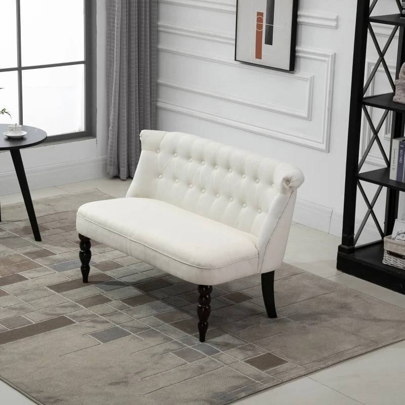 Back. Hivvago - Scandinavian 2 Seater Button Tufted Loveseat Wooden Legs Cream White Linen - Gray.