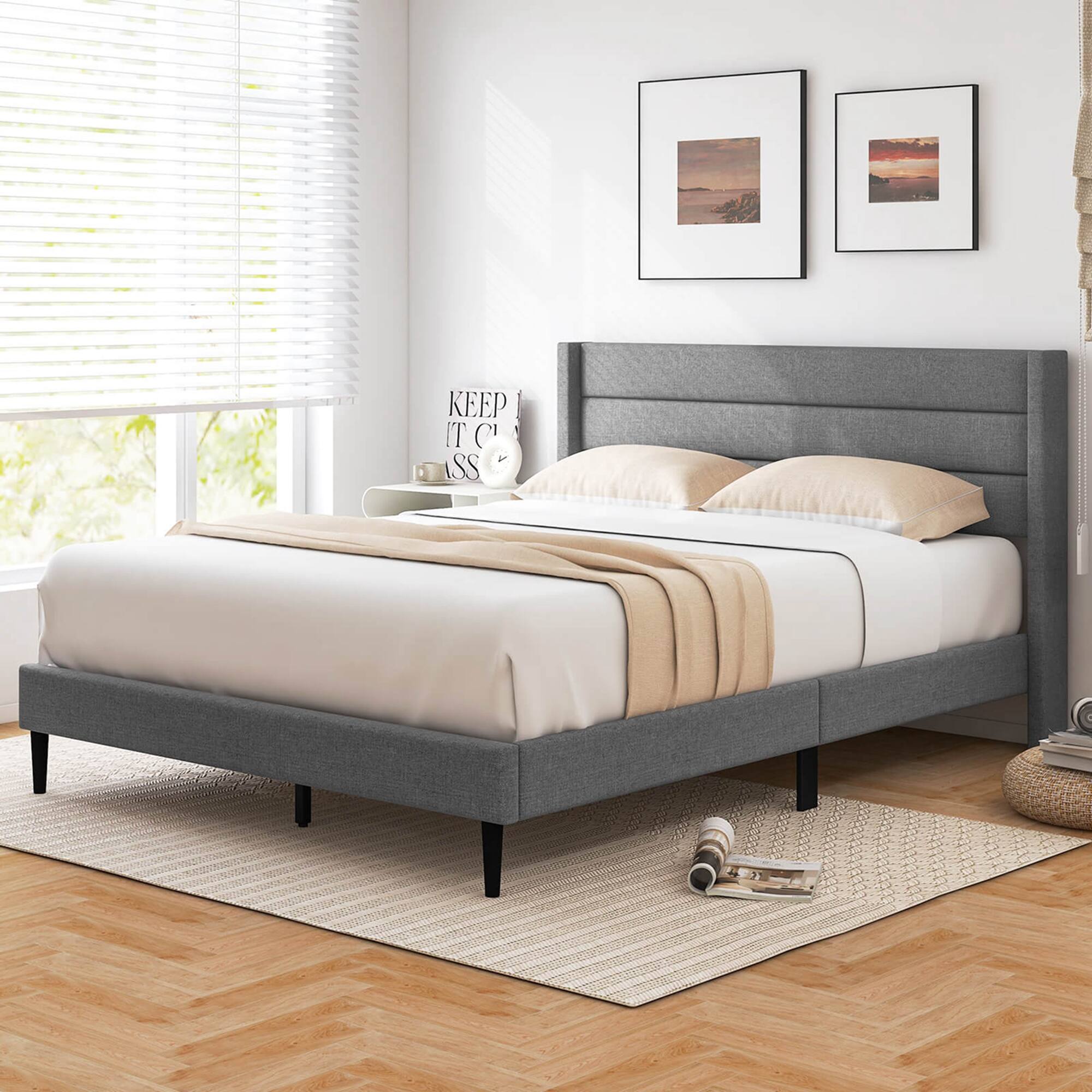 Back. Costway - Queen Bed Frame with Wingback Headboard Linen Upholstered Platform Bed - Grey.