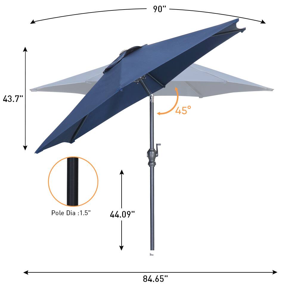 - 90"
- 43.7"
- 44.09"
- 84.65"
- Pole Dia: 1.5"
- 45°