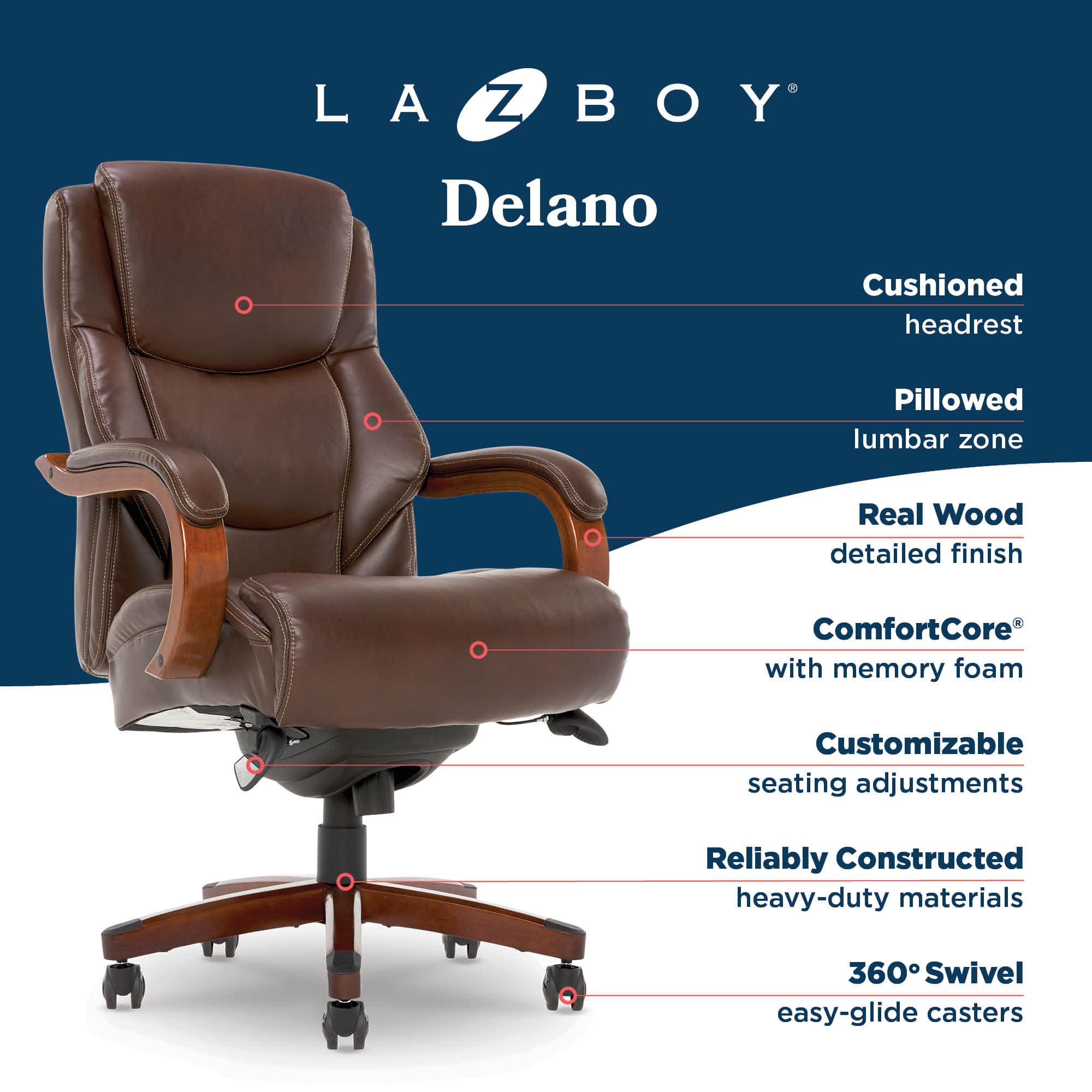La Z Boy Delano Big & Tall Executive Office Chair, Mahogany Wood