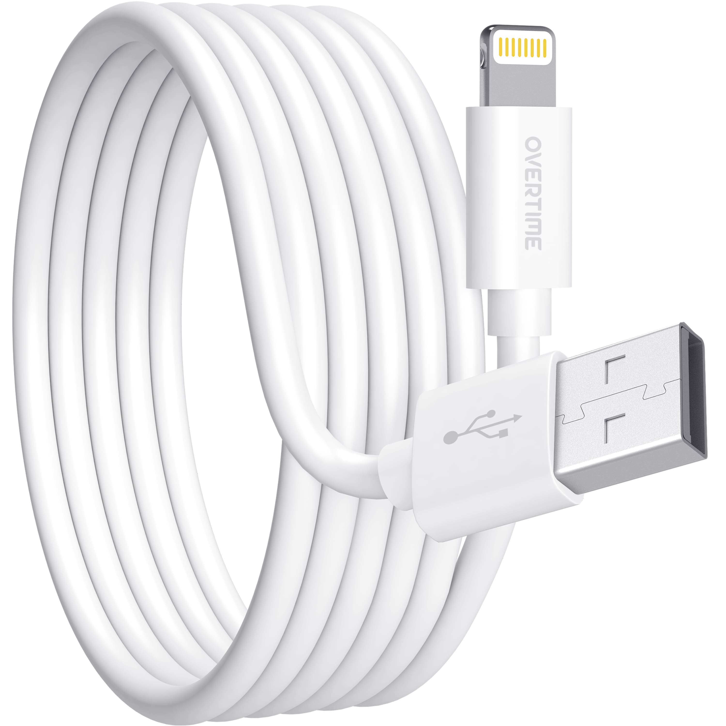 Overtime - 10ft Apple MFI Certified Lightning to USB-A Long Charging Cable, Durable iPhone Charger Cord, White - White