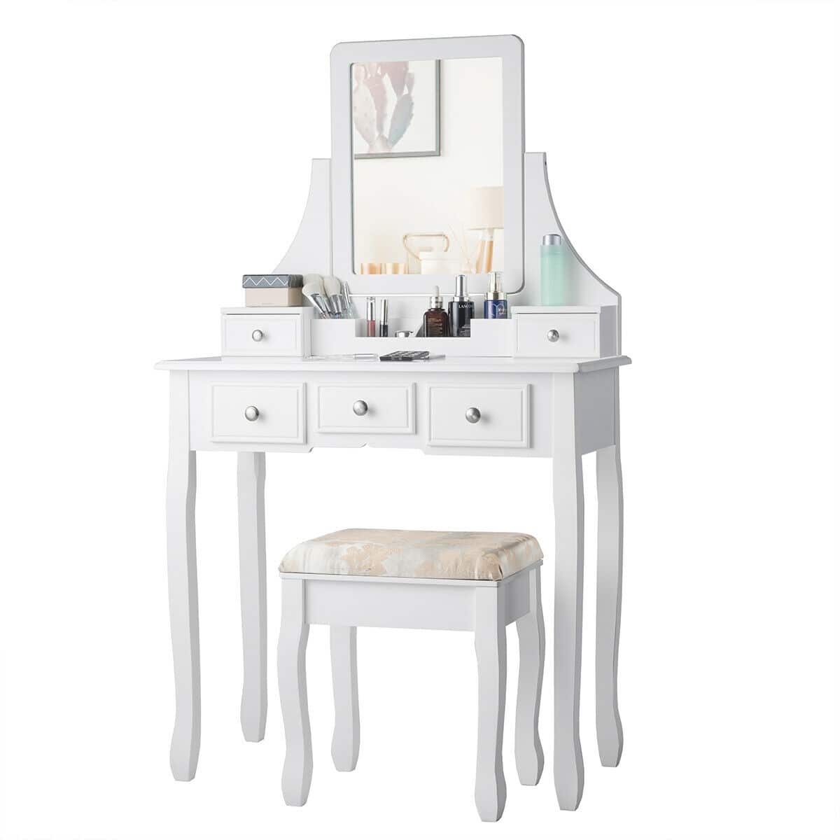 Ecooso - Compact Vanity Desk with Mirror and Stool, Ideal for Dorms or Small Apartments - White