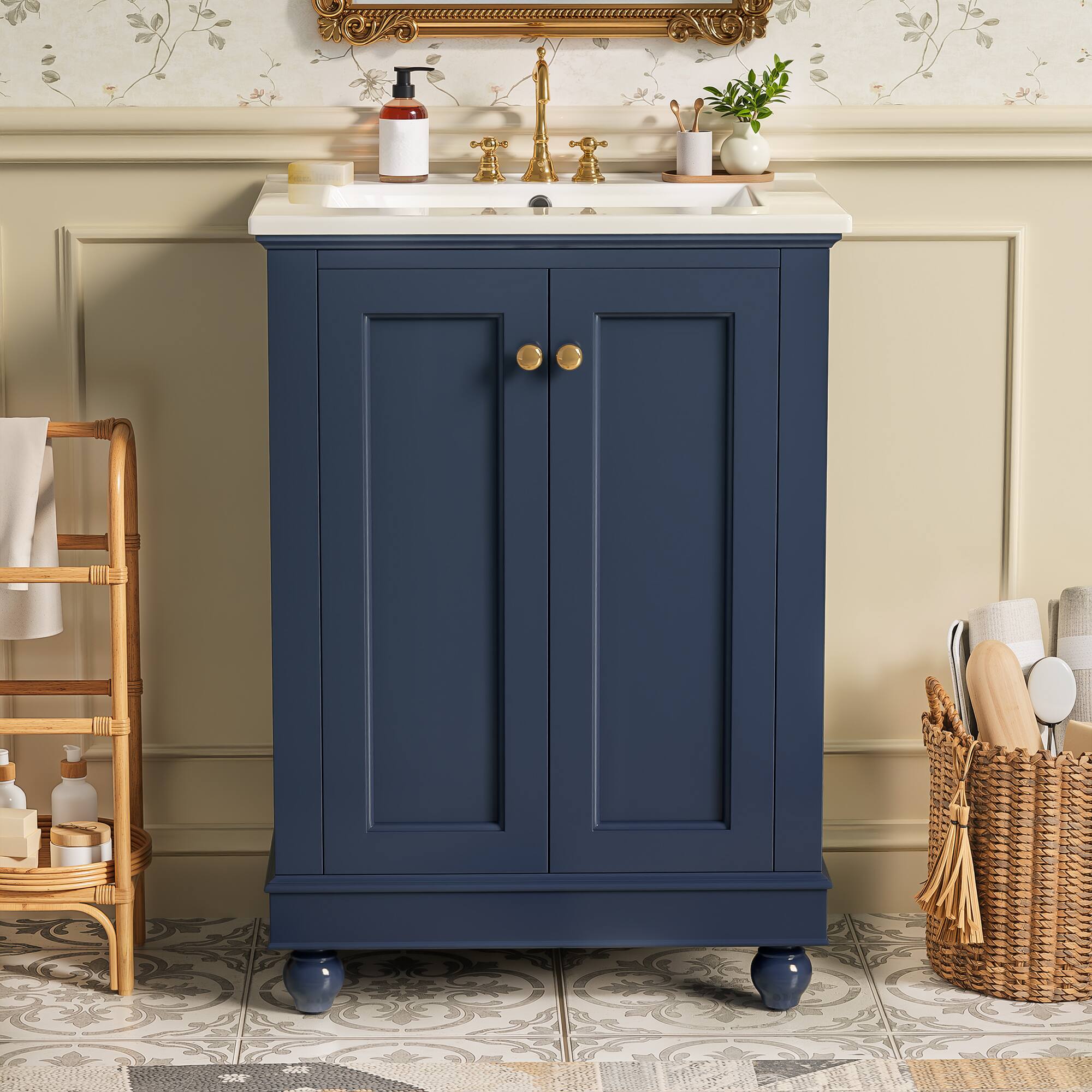 Angle. Whisen - 24" Modern Bathroom Vanity Cabinet with Sink Adjustable Shelf and Soft-Closing Hinges Storage - Blue.
