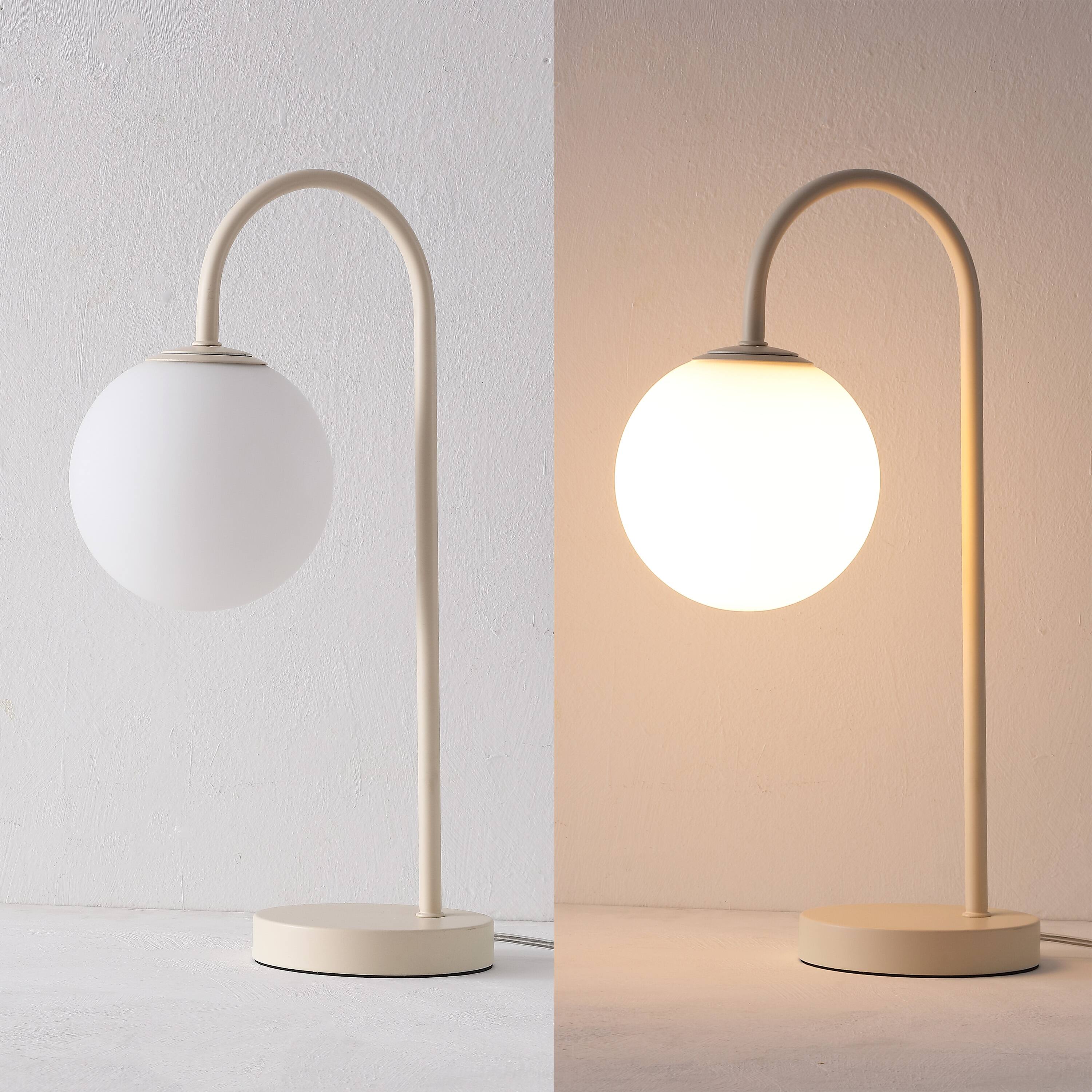 Alt View 5. Jonathan Y - Arco 18.25" Beige Metal Globe Table Lamp with Frosted Glass Shade, Minimalist Lighting for Bedroom or Living Room - Beige.