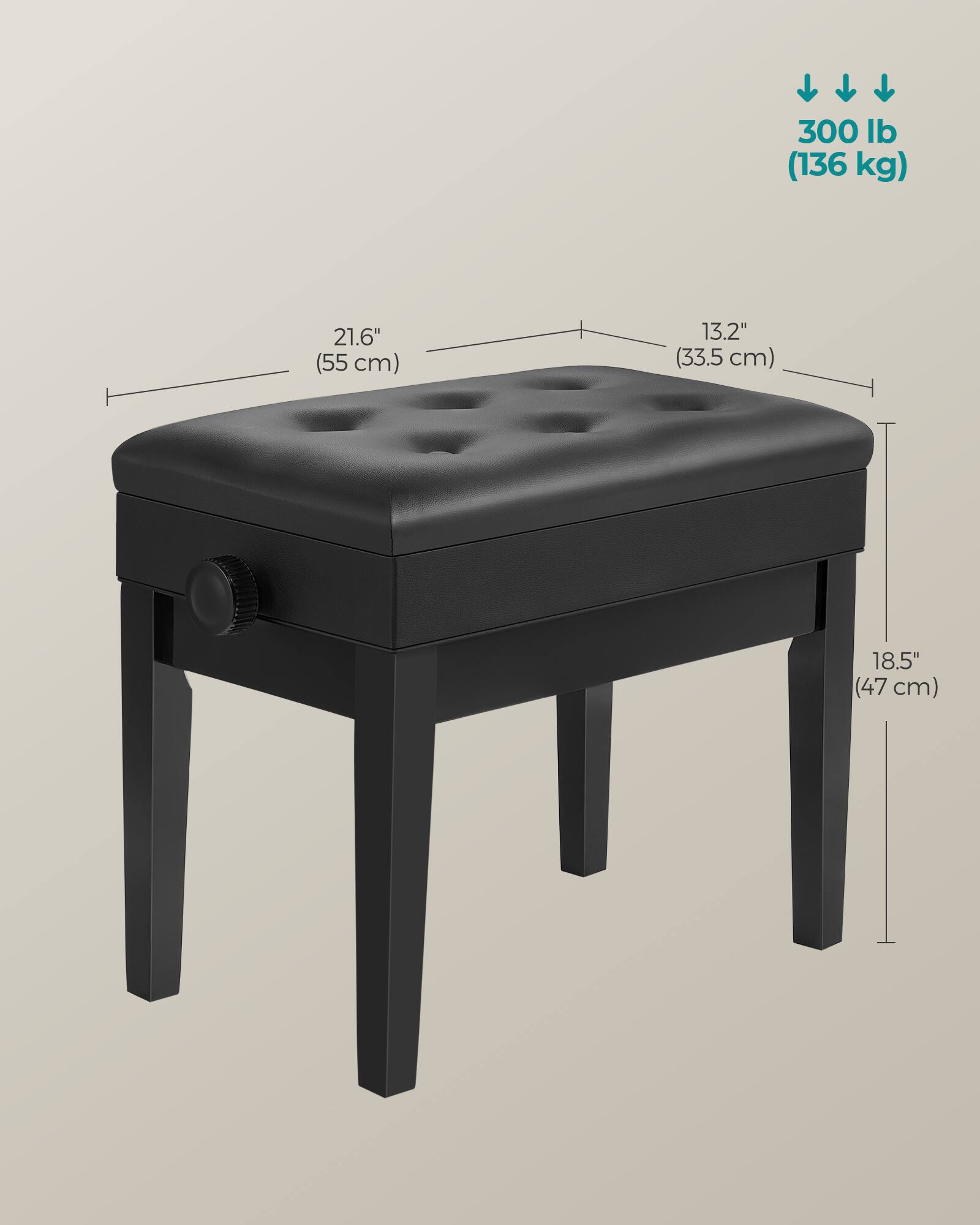 300 lb (136 kg)  
21.6" (55 cm)  
13.2" (33.5 cm)  
18.5" (47 cm)