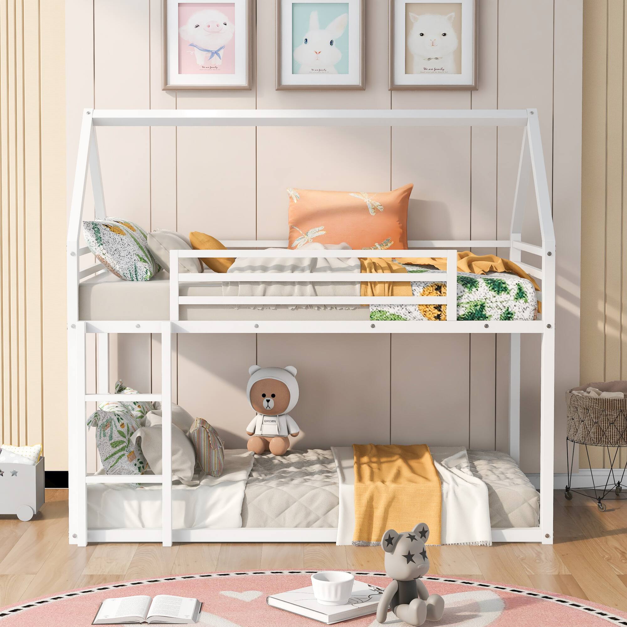 Angle. GOODSILO - Space-Saving Twin Over Twin Metal Bunk Bed with Built-In Ladder and Playhouse Design - White.